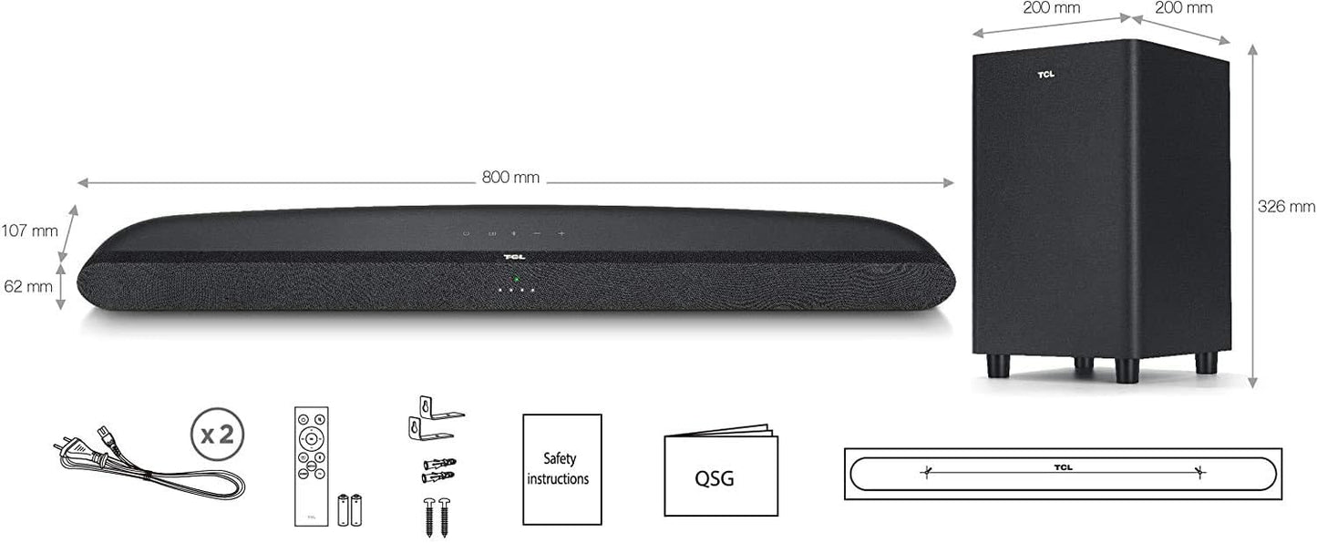 TCL 2.1 Channel Home Theater Soundbar with Wireless Subwoofer 160W Audio Power Multi Color LED Display Bluetooth HDMI Optical Cable Connectivity Remote Control Clear & Loud Sound TS3010