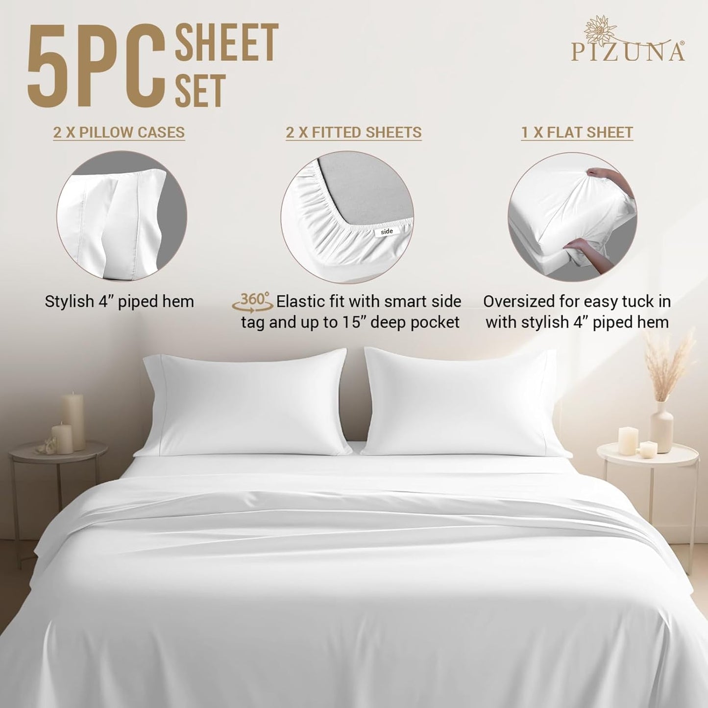 Pizuna Pure 100% Cotton Sheets Full Size, 800 Thread Count Long Staple Cotton Crisp Sateen Sheets Full with 15in Deep Pocket (Combed Simply Taupe)