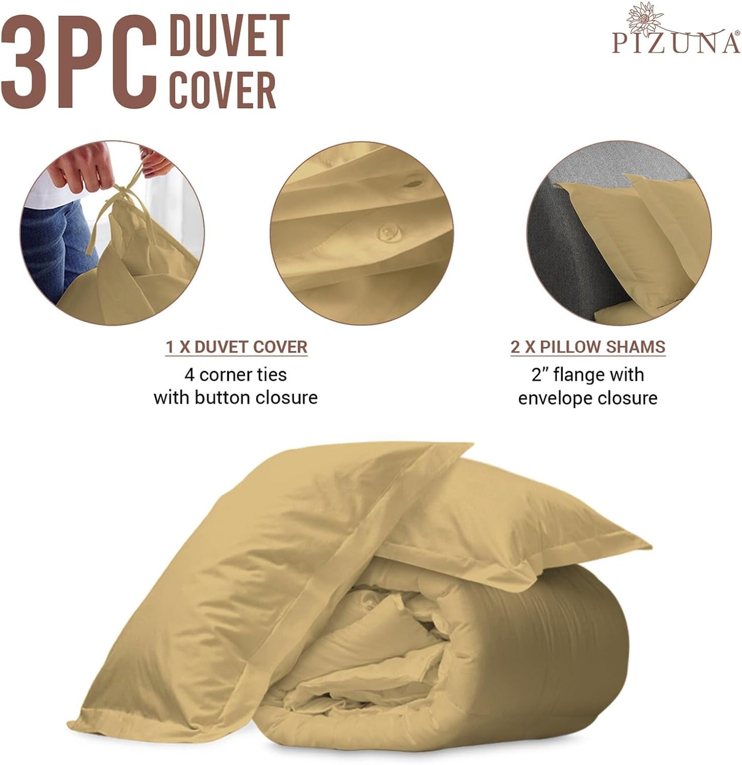 Pizuna Pure 100% Cotton Duvet Cover Full Size Tan, Luxurious 400 Thread Count Long Staple Cotton Sateen Quilt Cover, Button Closure (Combed Cotton Duvet Cover Set)