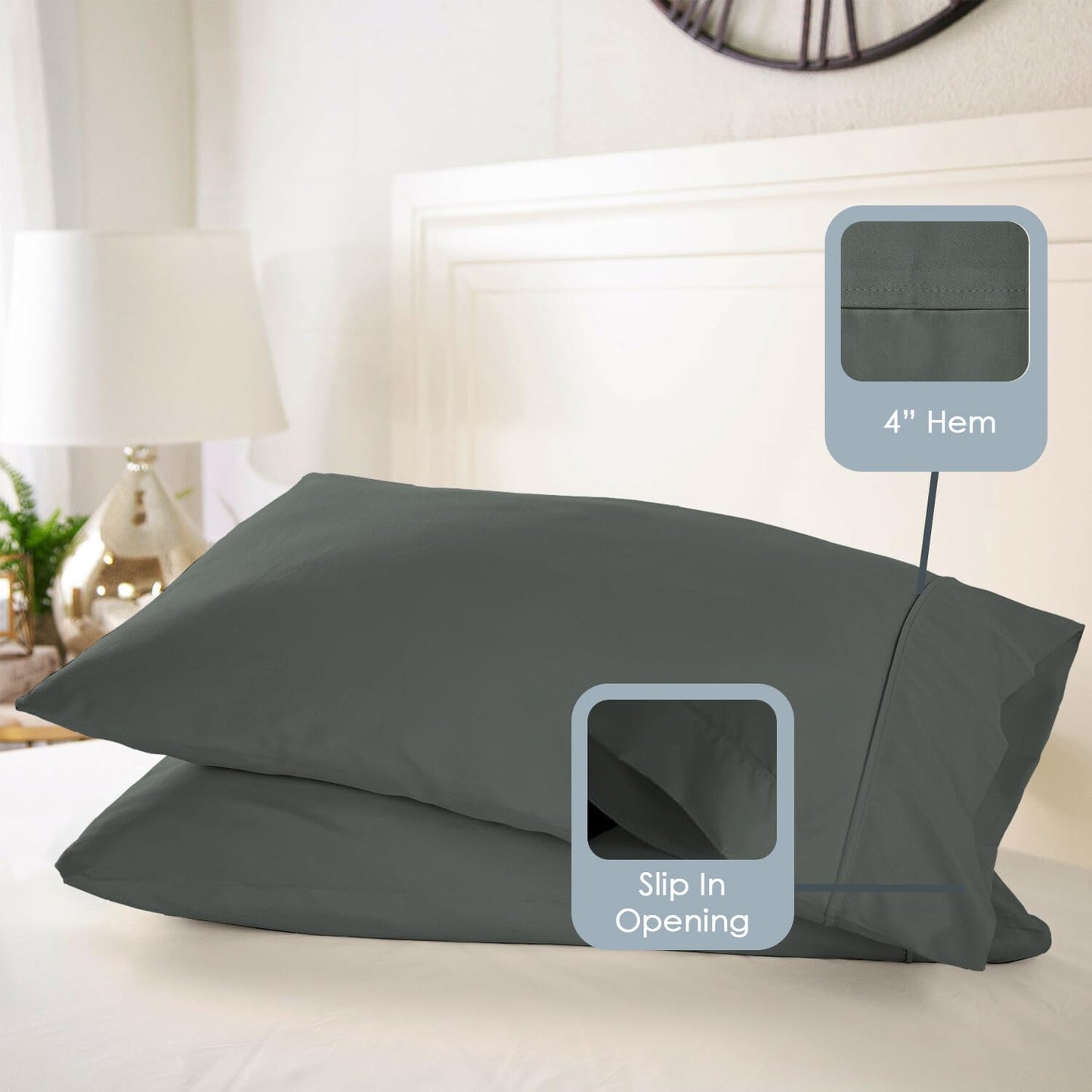 Pizuna Pure 100% Luxury Cotton King Size Pillow Case Grey Dark, 1000 Thread Count 100% Long Staple Cotton Sateen Pillowcase, Pillow Covers with Stylish 4" Hem (Combed Cotton King Pillowcase)