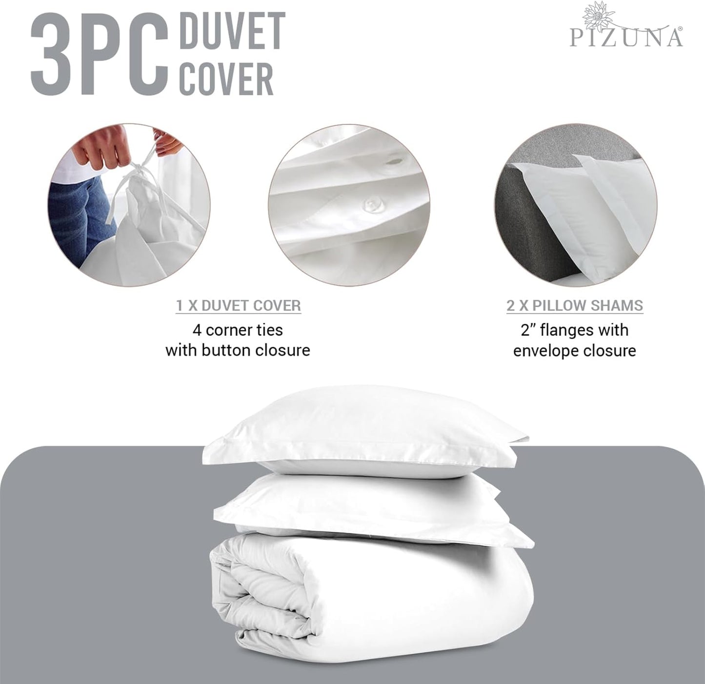 Pizuna Pure 100% Cotton Queen Duvet Cover Set, 600 Thread Count Long Staple Cotton Crisp Sateen Weave with Button Closure (Combed Simply Taupe Cotton Duvet Cover Queen)