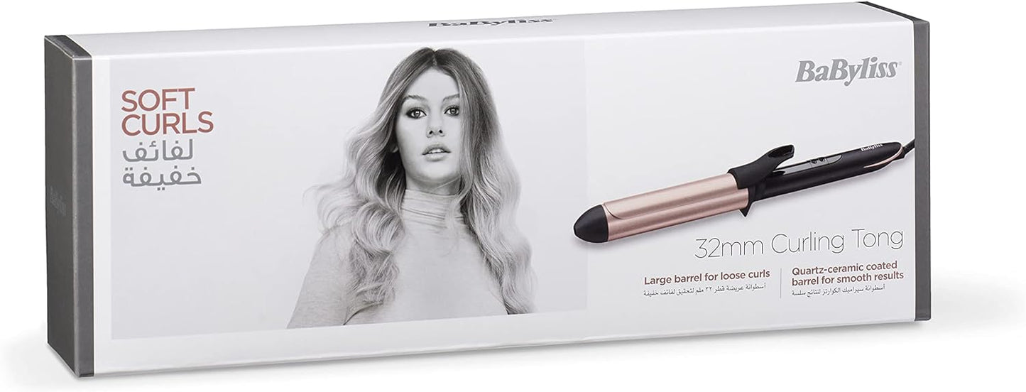 BaByliss Hair Curling Iron, Extensive Wide Reach 32mm Curling Tong Barrel, Ultra-Fast Heat With Led & 6 Temperature Setting 160°C-210°C, 2.5m Ceramics Swivel Cord, C452SDE (Rose Quartz)