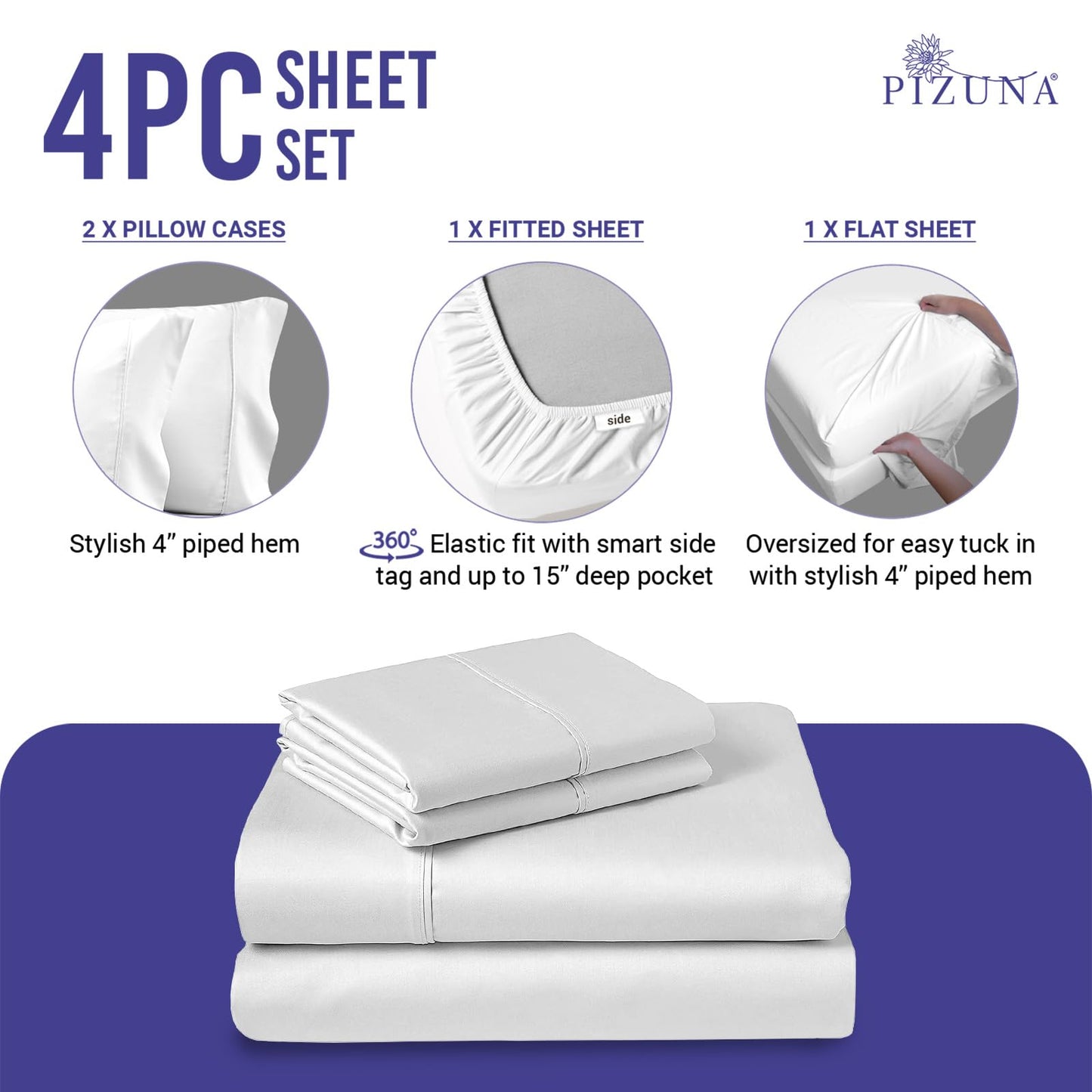 Pizuna Pure 100% Luxury Cotton Full Size Bed Sheets Set Dark Grey, 1000 Thread Count Long Staple Cotton Sateen Thick Sheet & Pillowcase Set, Deep Sheets fits 15" (Combed Cotton Bed Sheets Set)