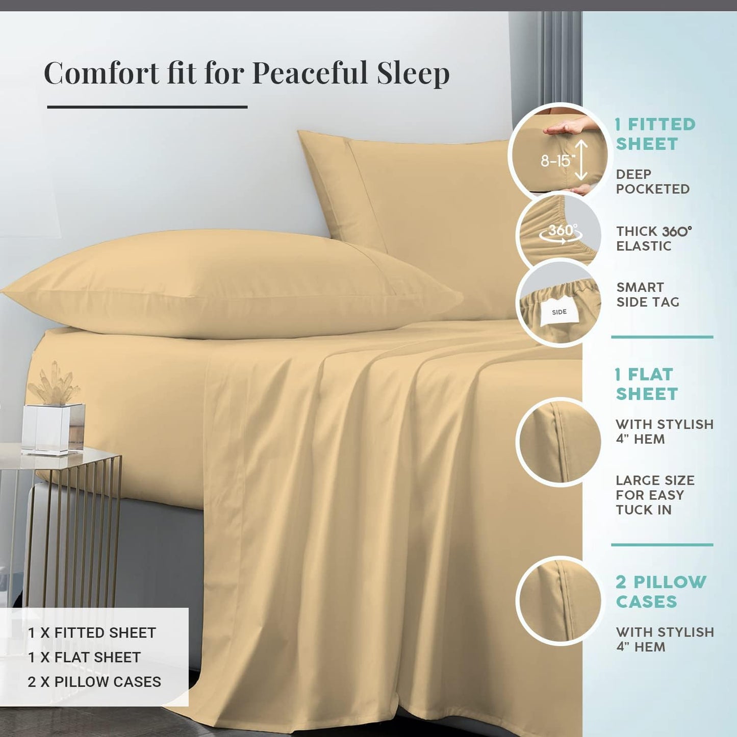 Pizuna 600 Thread Count 100% Long Staple Cotton Sateen Weave Bed Linen with Stylish 4 inch Hem Fits Upto 15 Inch Deep Pockets Full 4pc Sheet Set Beige