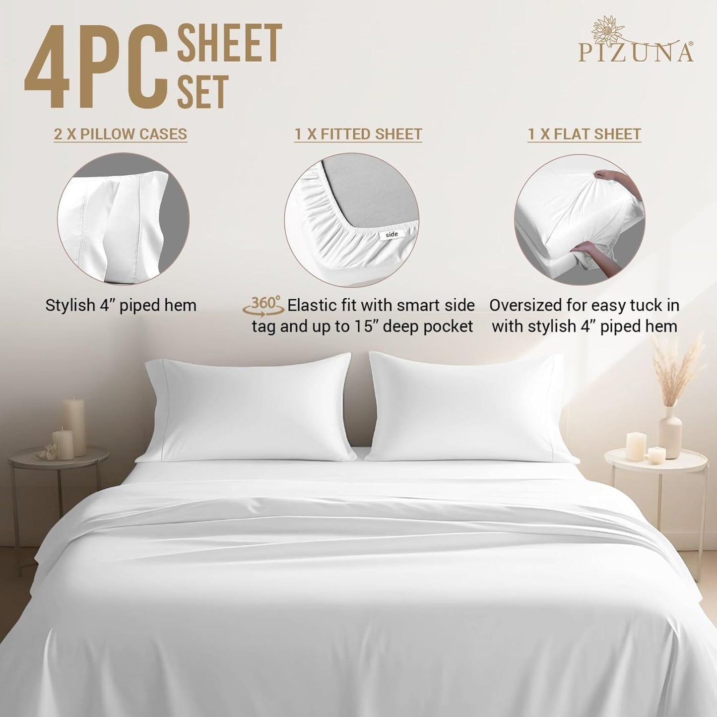 Pizuna Luxury 100% Cotton King Size Sheets Set White, 800 Thread Count Long Staple Combed Cotton Crisp Sheets, Sateen Weave King Sheets Deep Pocket Cotton of 15 Inch (Cotton Sheets for King Size Bed)