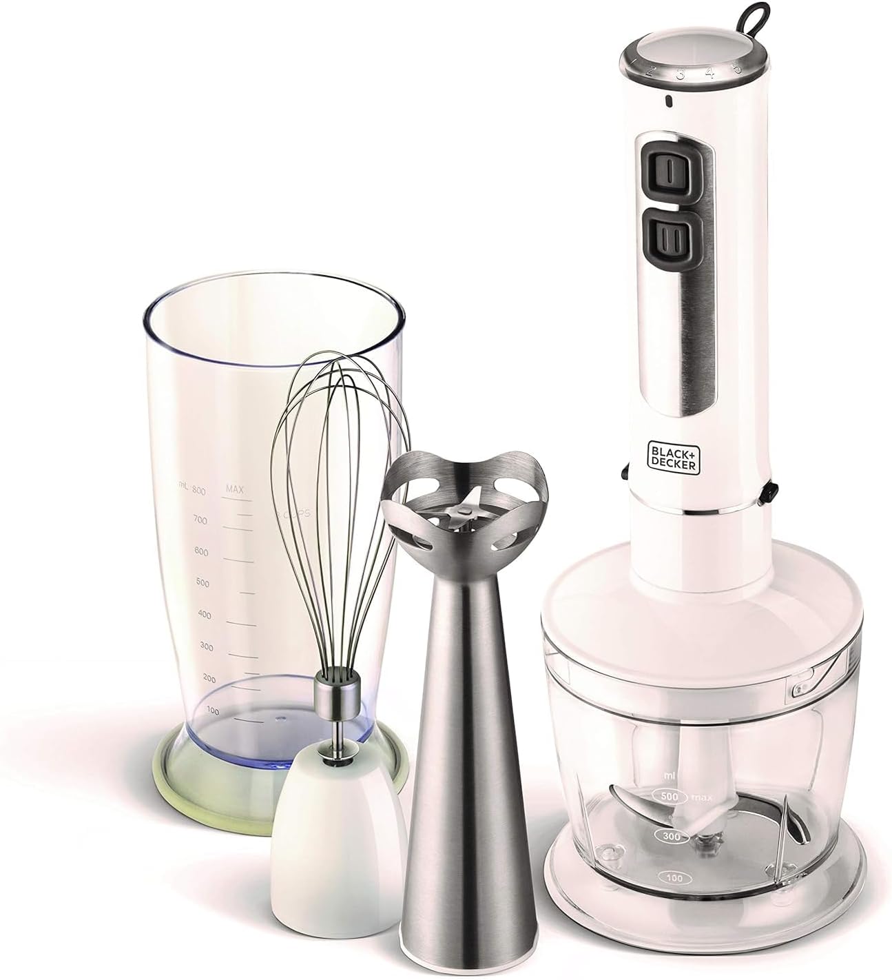 Black & Decker 400W 4 In 1 Stainless Steel Stem Hand Blender With Chopper and Whisk White SB4000-B5,2 years warranty