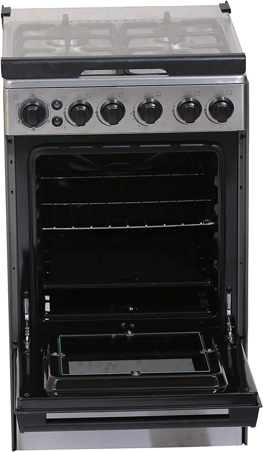 Midea 49.5x55.6x85 cm, Freestanding Cooker, Full Gas Cooking Range With 4 Burners, Stainless Steel, Automatic Ignition & Full Safety, Cast Iron Pan Support, Mechanical Timer, Heat Resistant Knobs