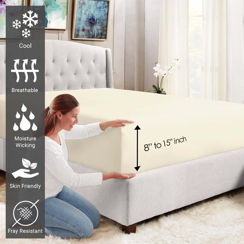 Pizuna Cotton California King Fitted Sheet Ivory, 400 Thread Count 100% Long Staple Combed Cotton Sateen Fitted Bed Sheet California King (Ivory Cali King Fitted Sheet Only - 1PC)