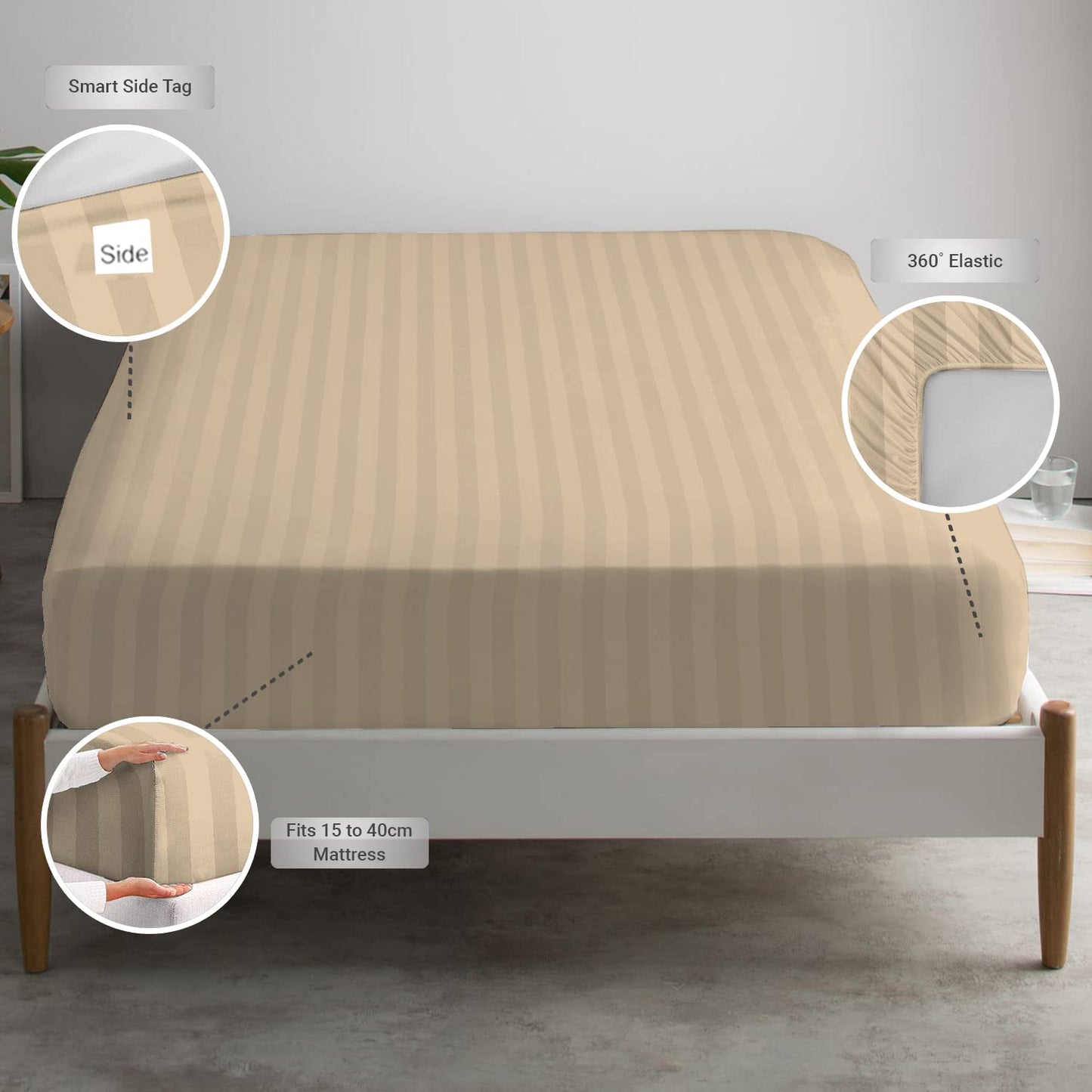 Pizuna 100% Cotton Full Fitted Sheet Only, 300 Thread Count Long Staple Cotton Soft Sateen Weave15inch Deep Pocket Fitted Sheet (Combed Stripe Luxury Cream Full Fitted Sheet Cotton)