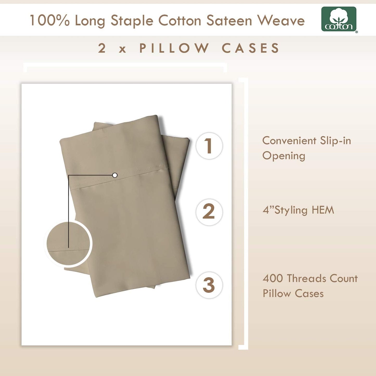 Pizuna Cotton King Size Pillow Case Simply Taupe, 400 Thread Count 100% Long Staple Combed Cotton Sateen Pillowcase, Cooling Pillow Covers with Stylish 4 Inch Hem (King Pillowcase Set of 2)
