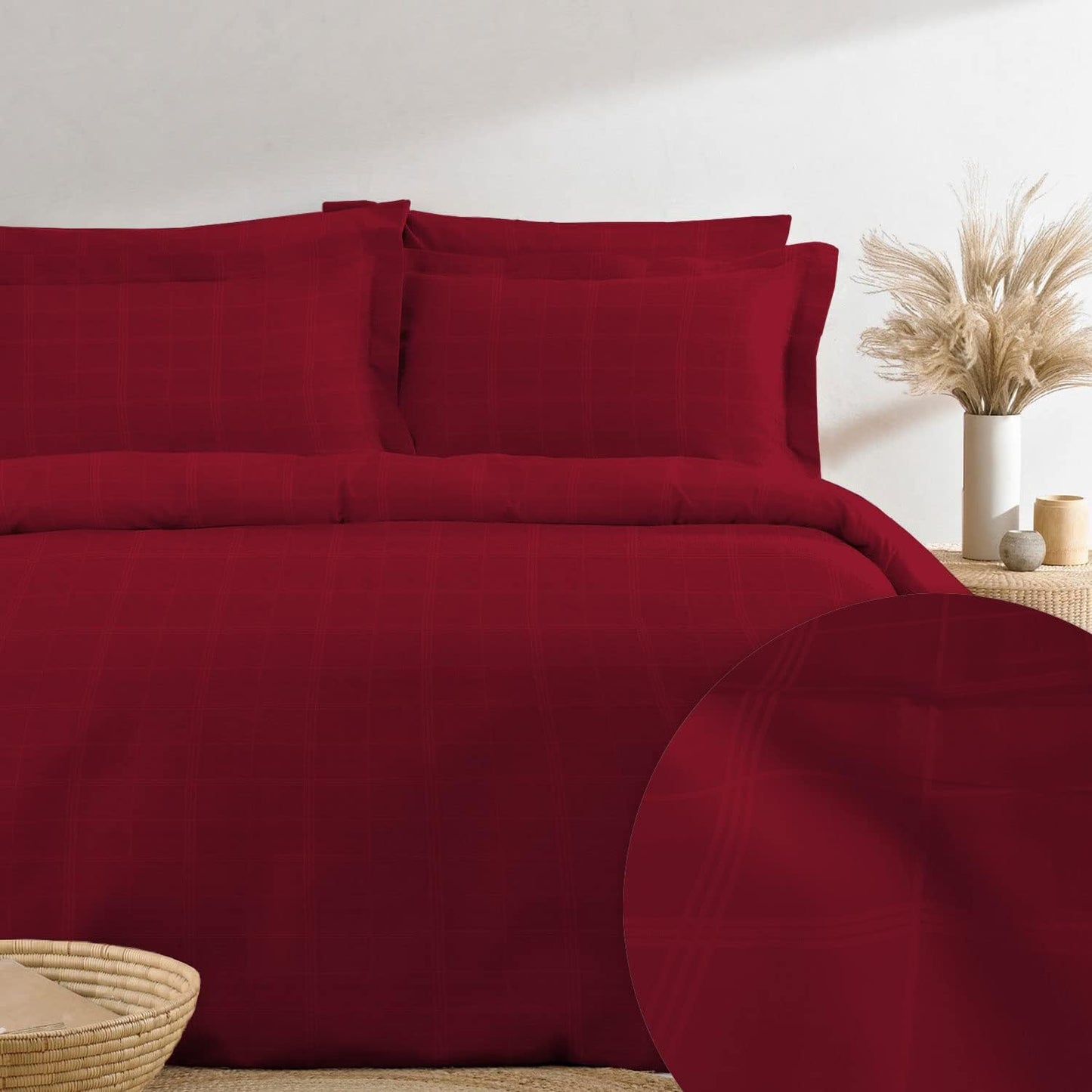 Pizuna Cotton Full Duvet Cover Set, 300 Thread Count Long Staple Cotton Sateen Weave with Button Closure (Combed Checks Luxury Red Cotton Duvet Cover Full)