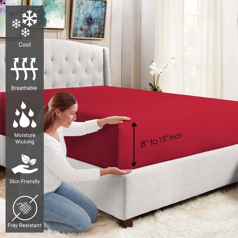 Pizuna Pure 100% Cotton King Fitted Sheet Only, Luxurious 400 Thread Count Long Staple Cotton Sateen Weave 15inch Deep Pocket Fitted Sheet (Combed Red Burgundy King Fitted Sheet Cotton)
