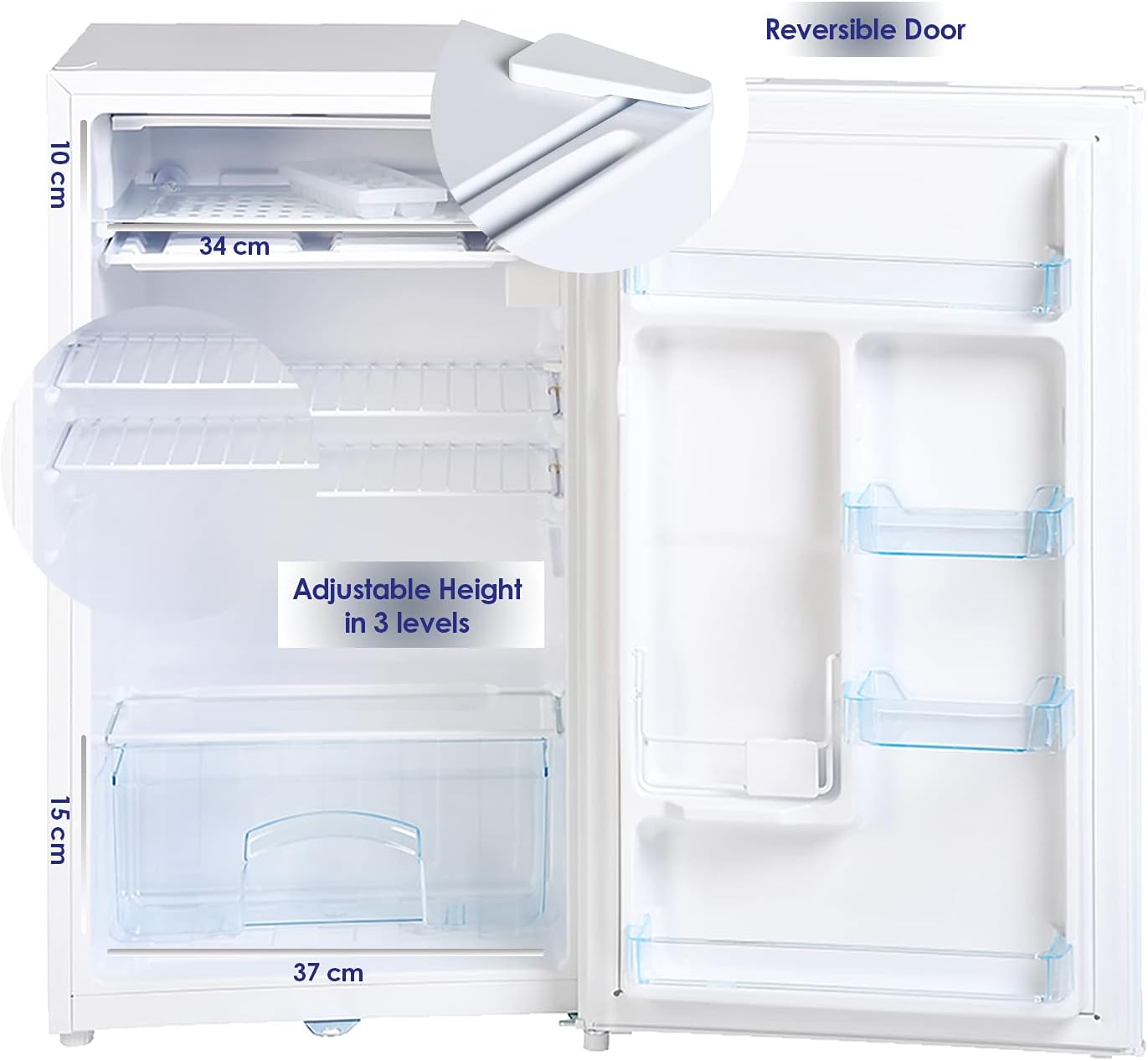Super General 110 Liter Gross Volume Compact Mini-Refrigerator SGR-131-H, White, Beverage-Fridge with Child Lock, Shelf, Freezer-Box, reversible door, 47.5 x 44.5 x 85 cm