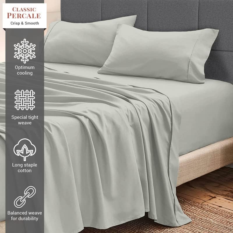 Pizuna Silver California King Sheet Set Cotton Percale, 100% Long Staple Combed Cotton Percale Sheets, Cotton Cal King Sheets Deep Pocket of 15 Inch (Silver Percale Cotton Sheets)