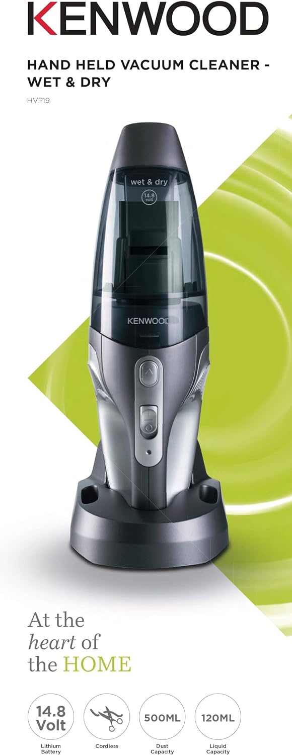Kenwood Wet & Dry Cordless Handheld Vacuum Cleaner With 14.8V Lithium-Ion Battery, 500ml Dust Capacity, 120ml Liquid Capacity For Home, Office And Car Hvp19.000Si Black/Silver