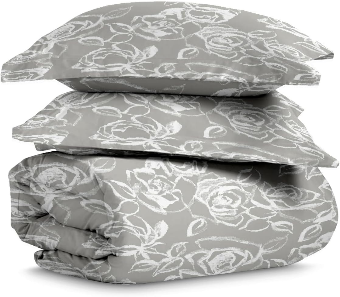 Pizuna Pure 100% Cotton Full Duvet Cover Set, Luxurious 400 Thread Count Long Staple Cotton Sateen Weave with Button Closure (Combed Grey Cascade Stripe Cotton Duvet Cover Full)