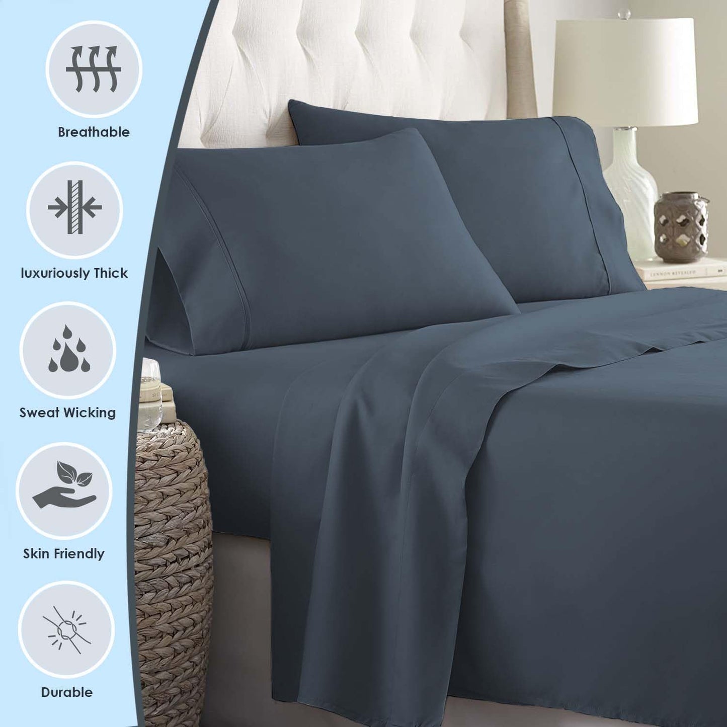 Pizuna Pure 100% Cotton King Duvet Cover Set, 1000 Thread Count Long Staple Cotton Thick Sateen Weave with Button Closure (Combed Baby Blue Cotton Duvet Cover King)