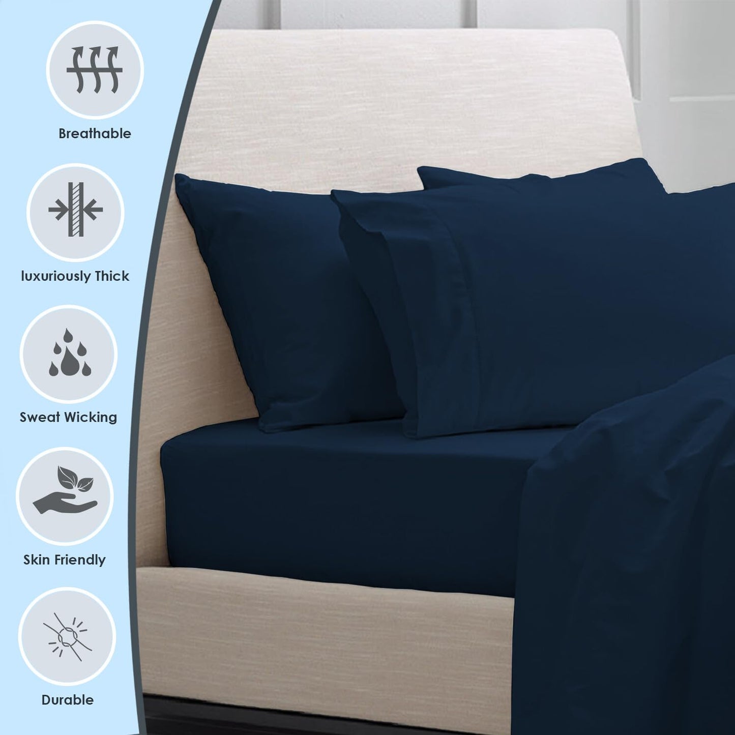 Pizuna 100% Luxury Cotton King Size Pillow Case Dark Blue, 1000 Thread Count 100% Long Staple Cotton Sateen Pillowcase, Pillow Covers with Stylish 4" Hem (Combed Cotton King Pillowcase Set of 2)