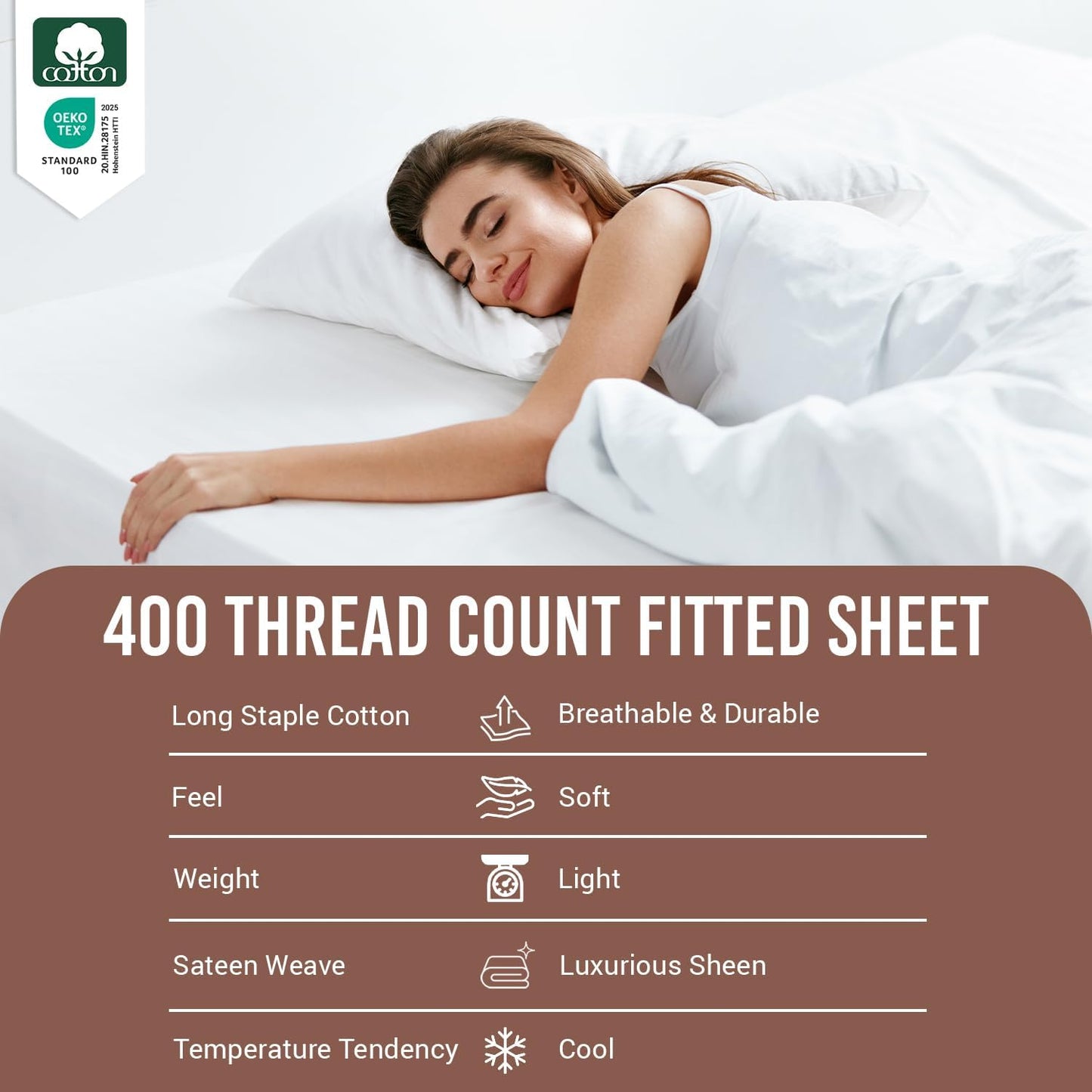 Pizuna Twin Size Long Staple Cotton Sateen Weave Pillowcase, White