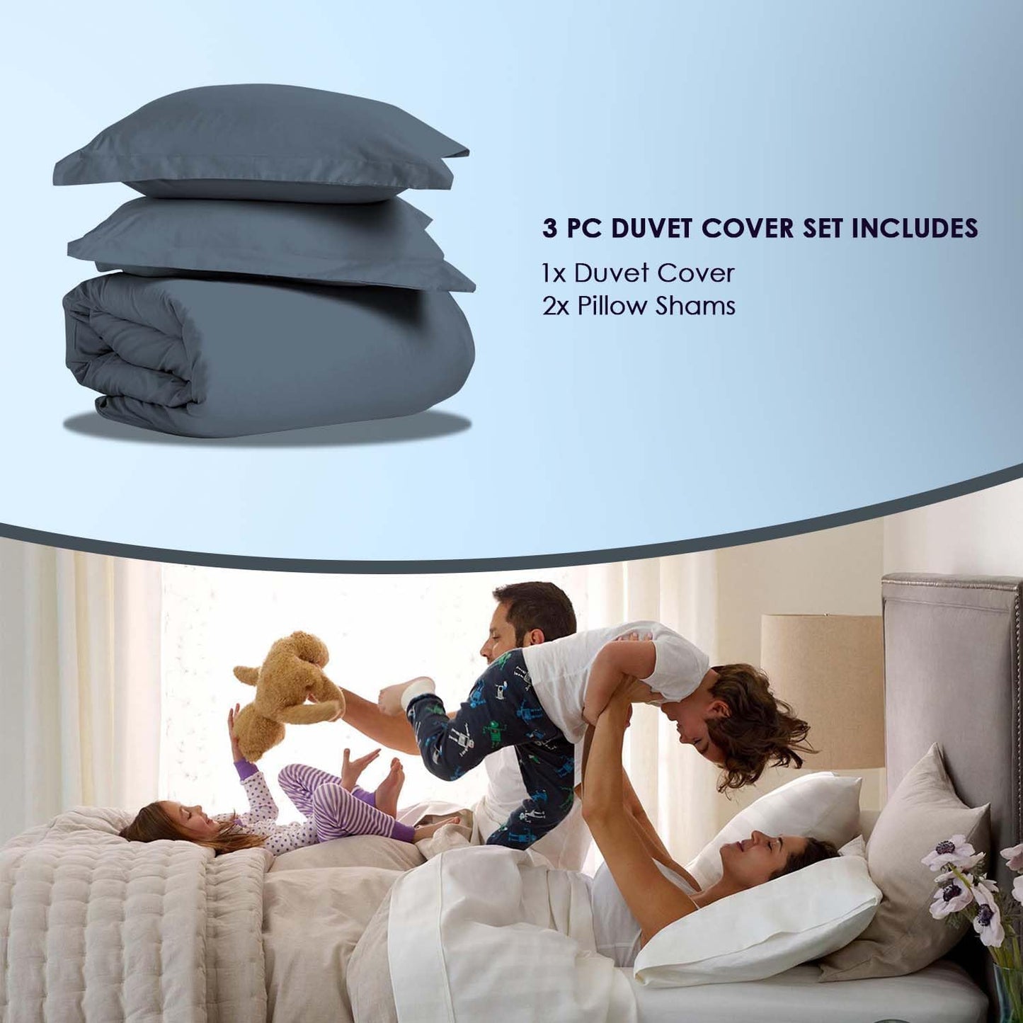 Pizuna Pure 100% Cotton King Duvet Cover Set, 1000 Thread Count Long Staple Cotton Thick Sateen Weave with Button Closure (Combed Baby Blue Cotton Duvet Cover King)