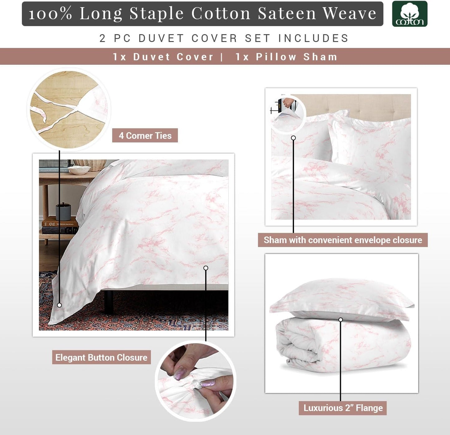 Pizuna Pure 100% Cotton Full Duvet Cover Set, Luxurious 400 Thread Count Long Staple Cotton Sateen Weave with Button Closure (Combed Grey Cascade Stripe Cotton Duvet Cover Full)