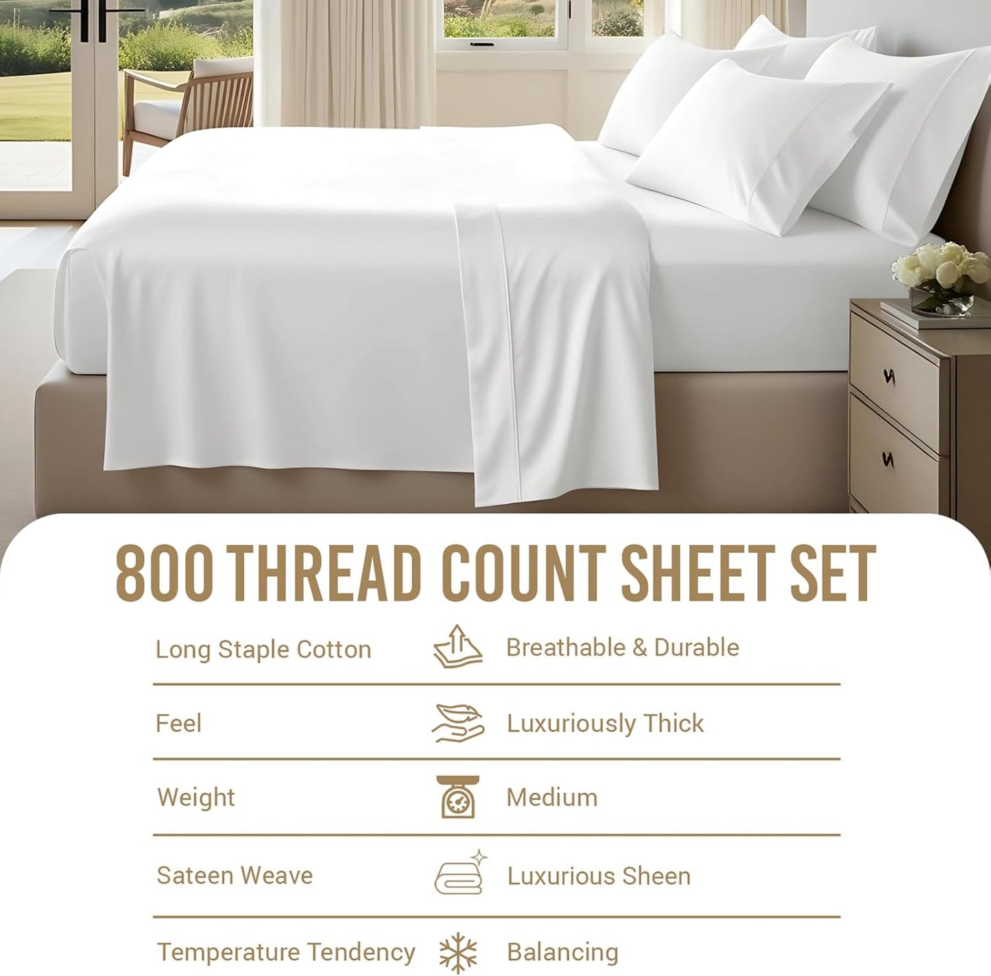 Pizuna Pure 100% Cotton Sheets Full Size, 800 Thread Count Long Staple Cotton Crisp Sateen Sheets Full with 15in Deep Pocket (Combed Simply Taupe)