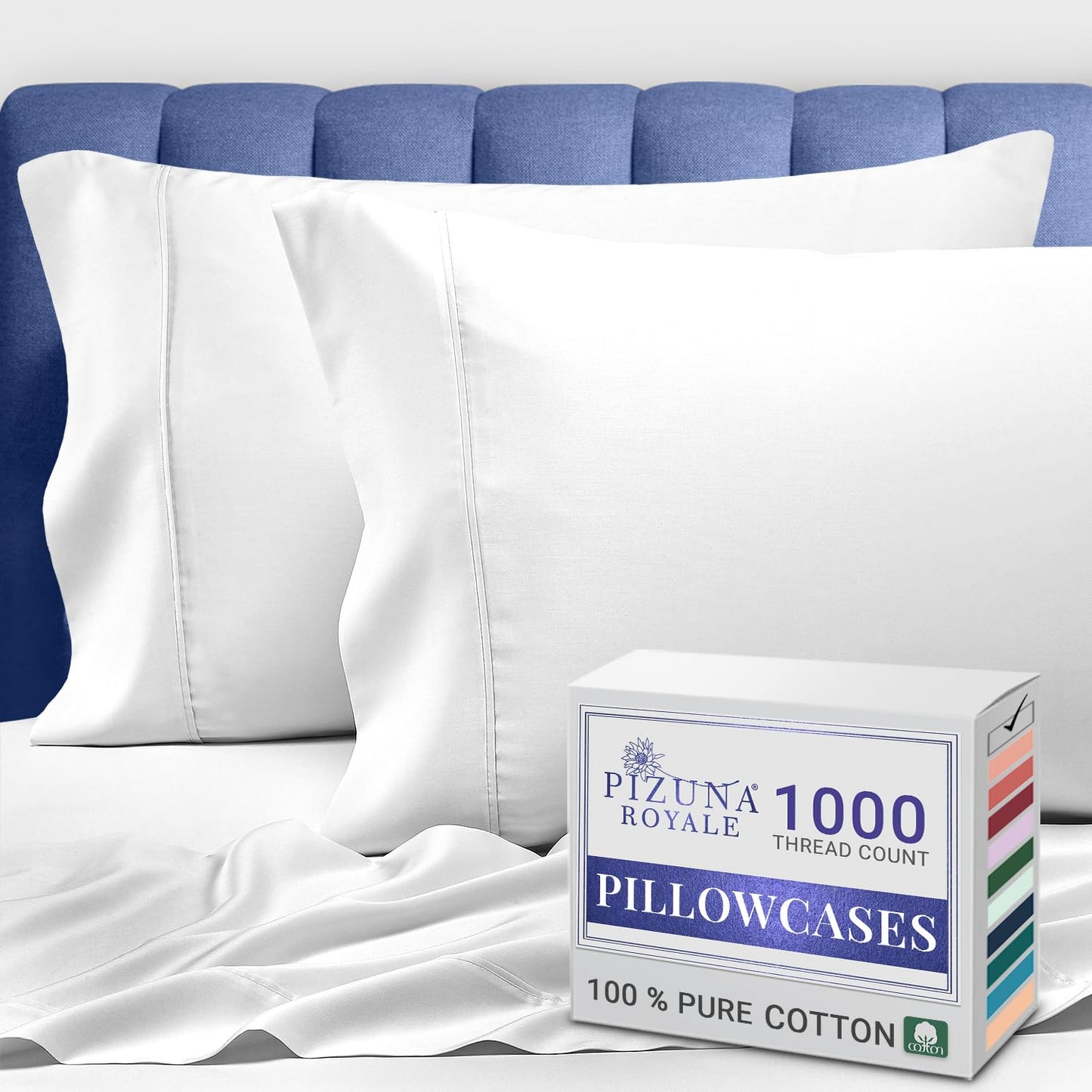 Pizuna 100% Luxury Cotton King Size Pillow Case Dark Blue, 1000 Thread Count 100% Long Staple Cotton Sateen Pillowcase, Pillow Covers with Stylish 4" Hem (Combed Cotton King Pillowcase Set of 2)