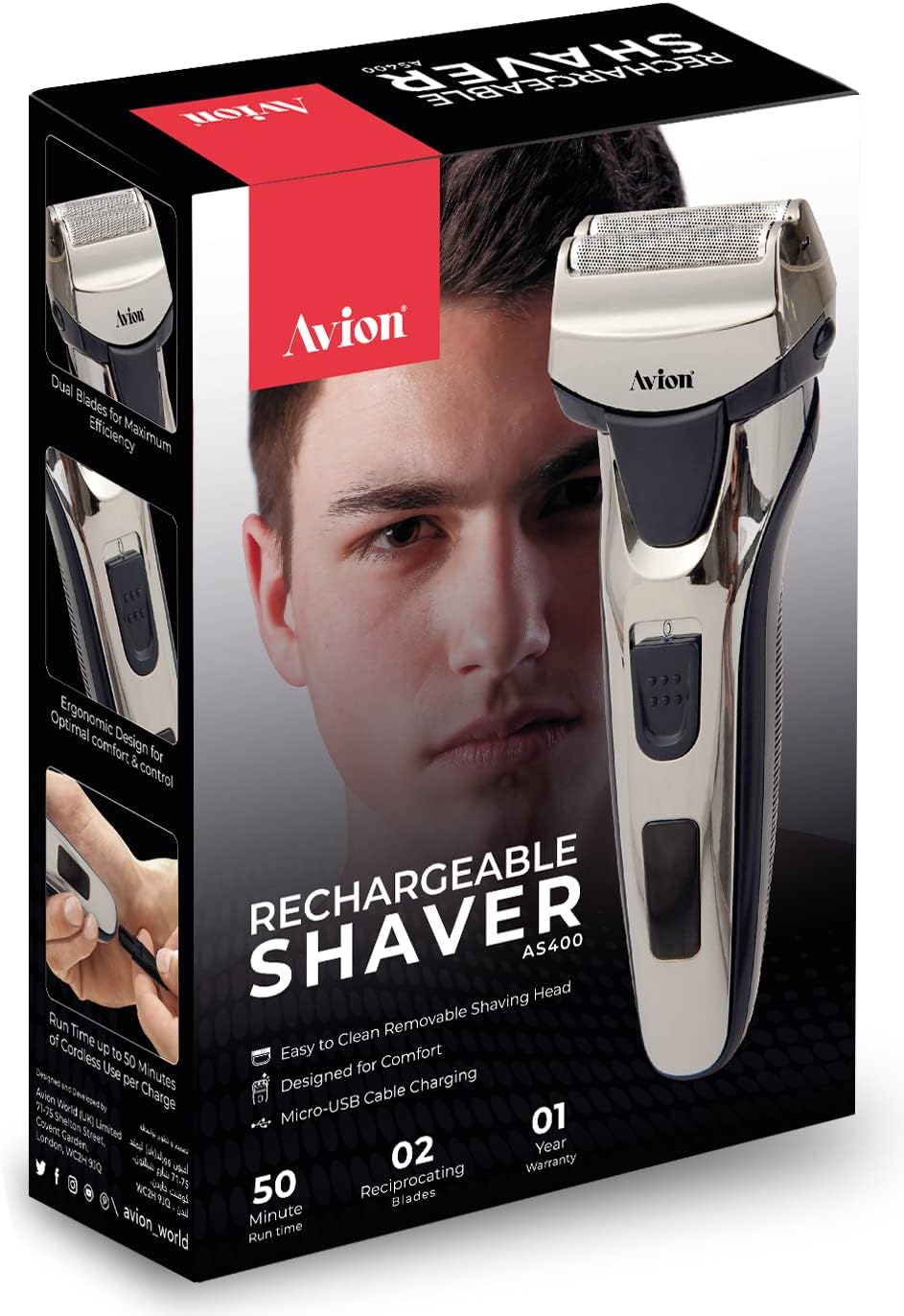 Avion Rechargeable Shaver for Men | Cordless Electric Foil Shaver | Beard Trimmer with Pop-trimmer | USB Charging | 2 Reciprocate Electric Razors |AS400