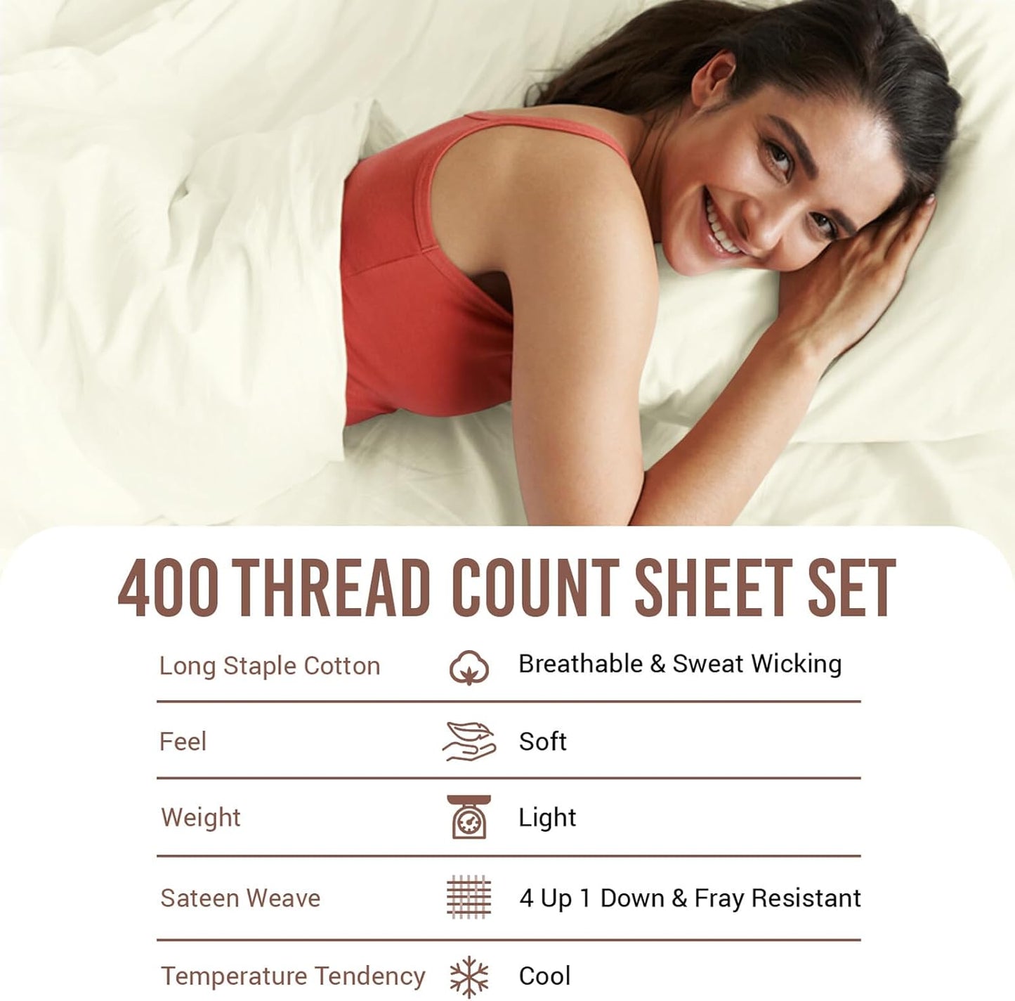 Pizuna Pure 100% Cotton 6 Piece King Size Sheets Set Off White, Luxurious 400 Thread Count Long Staple Cotton Sateen Sheets with 15" Deep Pocket (6 PC Bed Sheets)