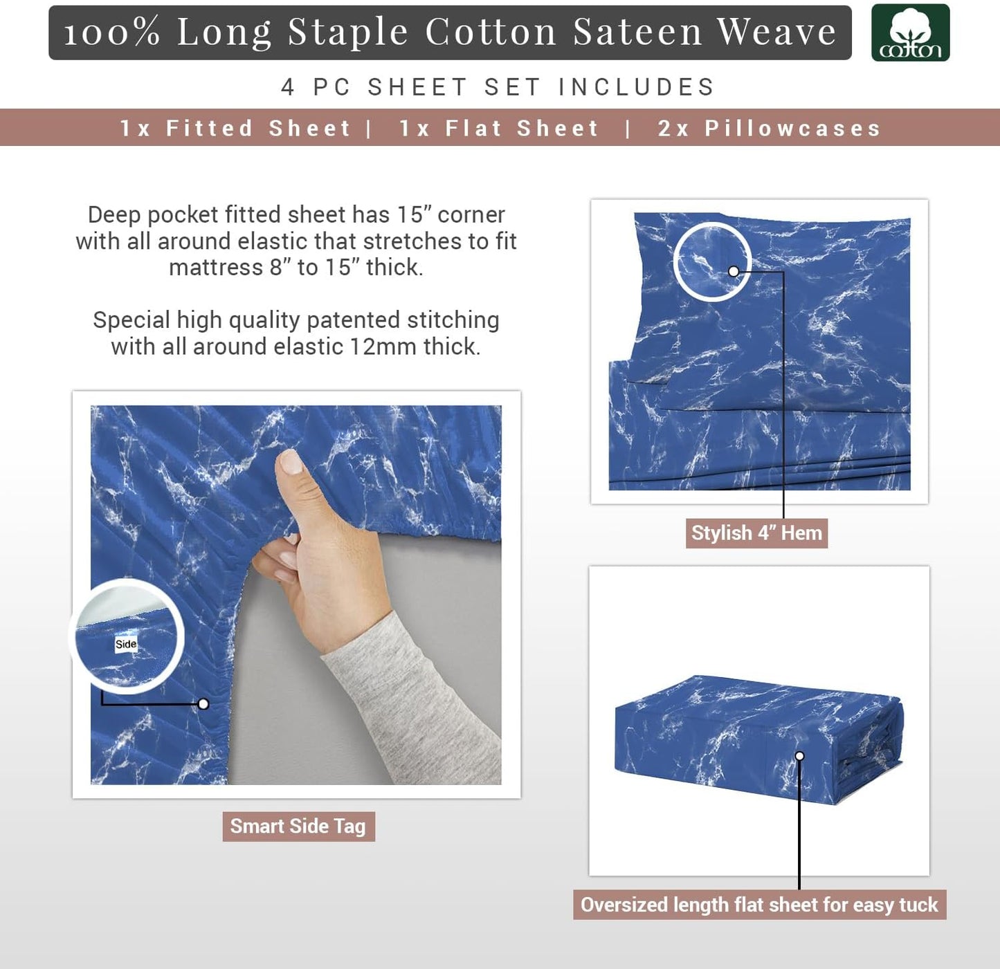 Pizuna Pure 100% Cotton Sheets California King Size, Luxurious 400 Thread Count Long Staple Cotton Sateen Sheets California King with 15inch Deep Pocket (Combed Cotton Sheets California King)