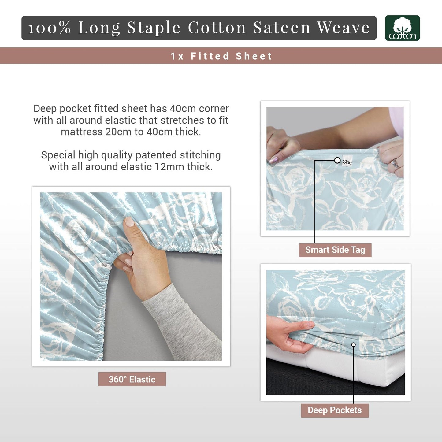 Pizuna Pure 100% Cotton Full Fitted Sheet Only, Luxurious 400 Thread Count Long Staple Cotton Sateen Weave 15" Deep Pocket Fitted Sheet (Combed Taupe Smart Plaid Full Fitted Sheet Cotton)