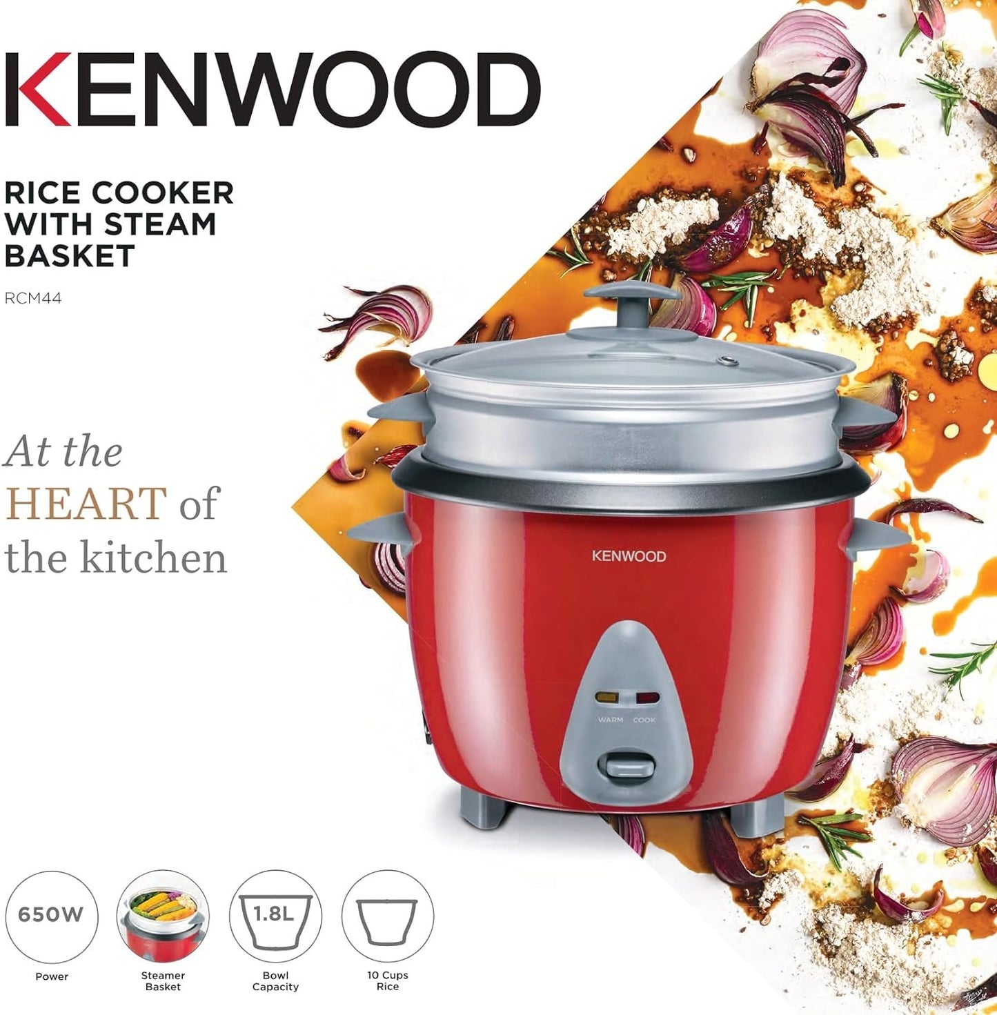 KENWOOD 2-in-1 Rice Cooker 1.8L 10-Cups Rice with Food Steamer Basket, Non-Stick Cooking Pot, Temepered Glass Lid, Warm/Cook Lights, Spatula Holder, Detachable Cord RCM44.000RD Red