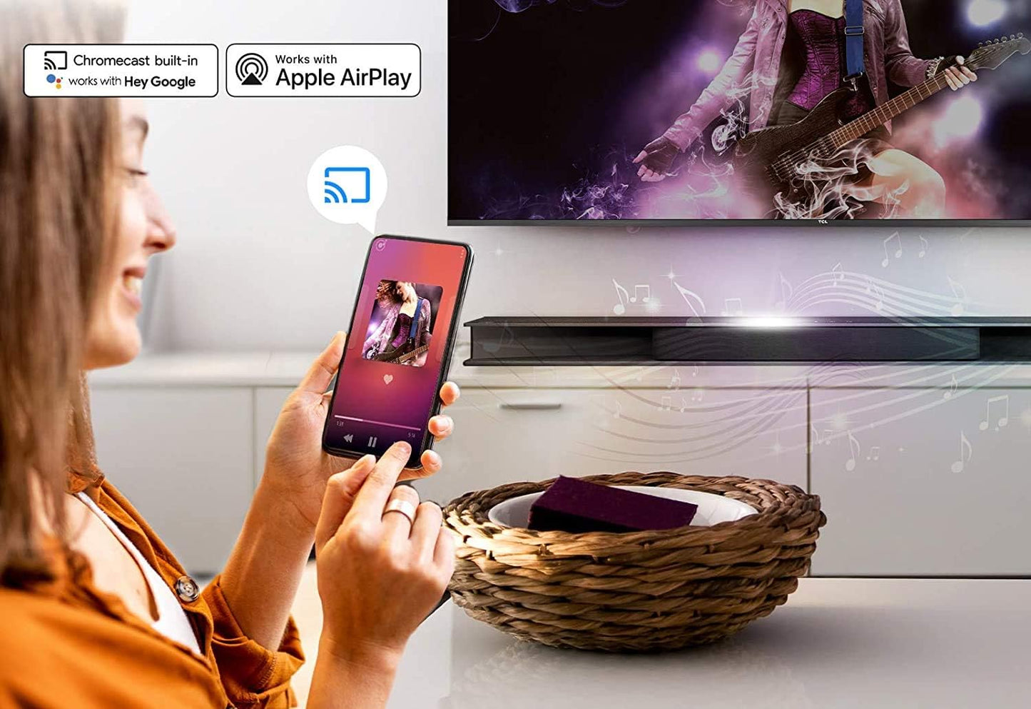 TCL 2.1 Channel Home Theater Soundbar with Wireless Subwoofer 160W Audio Power Multi Color LED Display Bluetooth HDMI Optical Cable Connectivity Remote Control Clear & Loud Sound TS3010