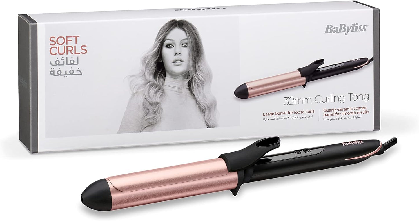 BaByliss Hair Curling Iron, Extensive Wide Reach 32mm Curling Tong Barrel, Ultra-Fast Heat With Led & 6 Temperature Setting 160°C-210°C, 2.5m Ceramics Swivel Cord, C452SDE (Rose Quartz)
