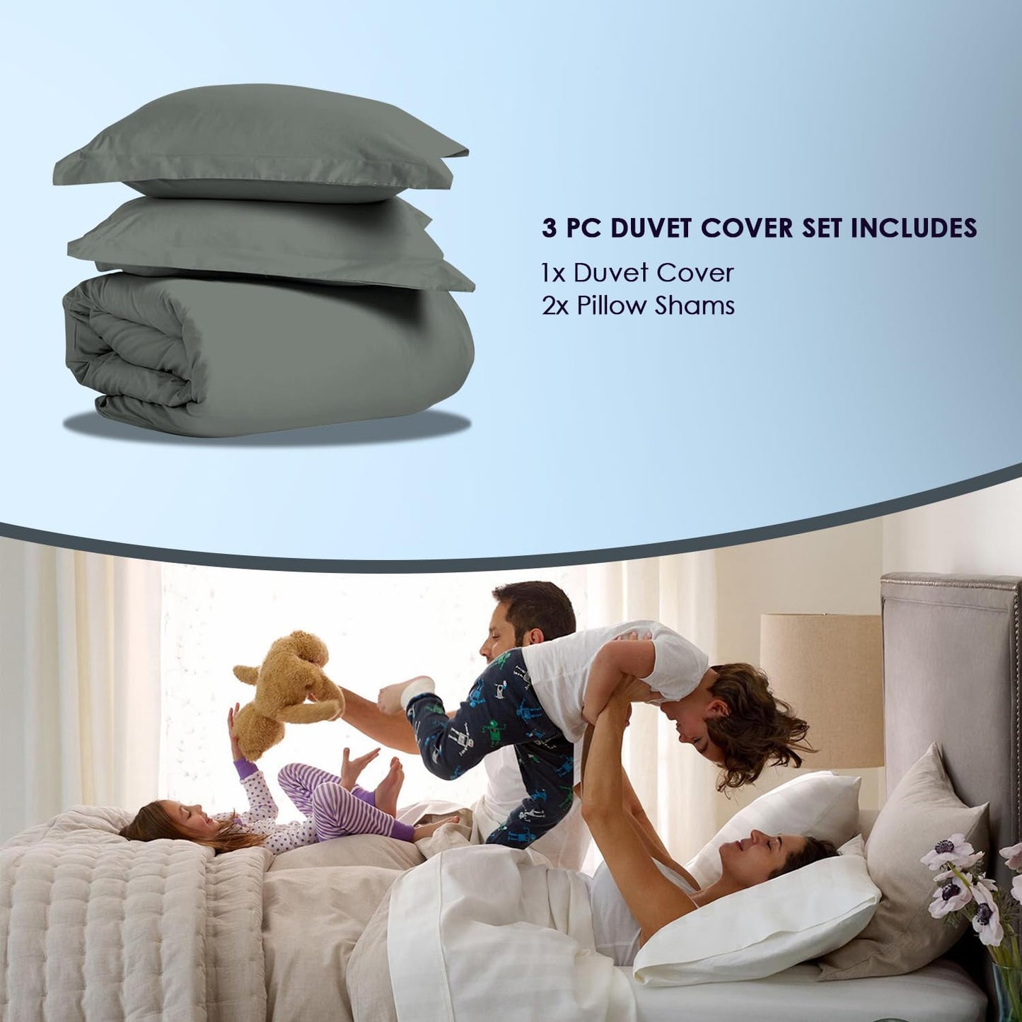Pizuna Pure 100% Cotton King Duvet Cover Set, 1000 Thread Count Long Staple Cotton Thick Sateen Weave with Button Closure (Combed Baby Blue Cotton Duvet Cover King)