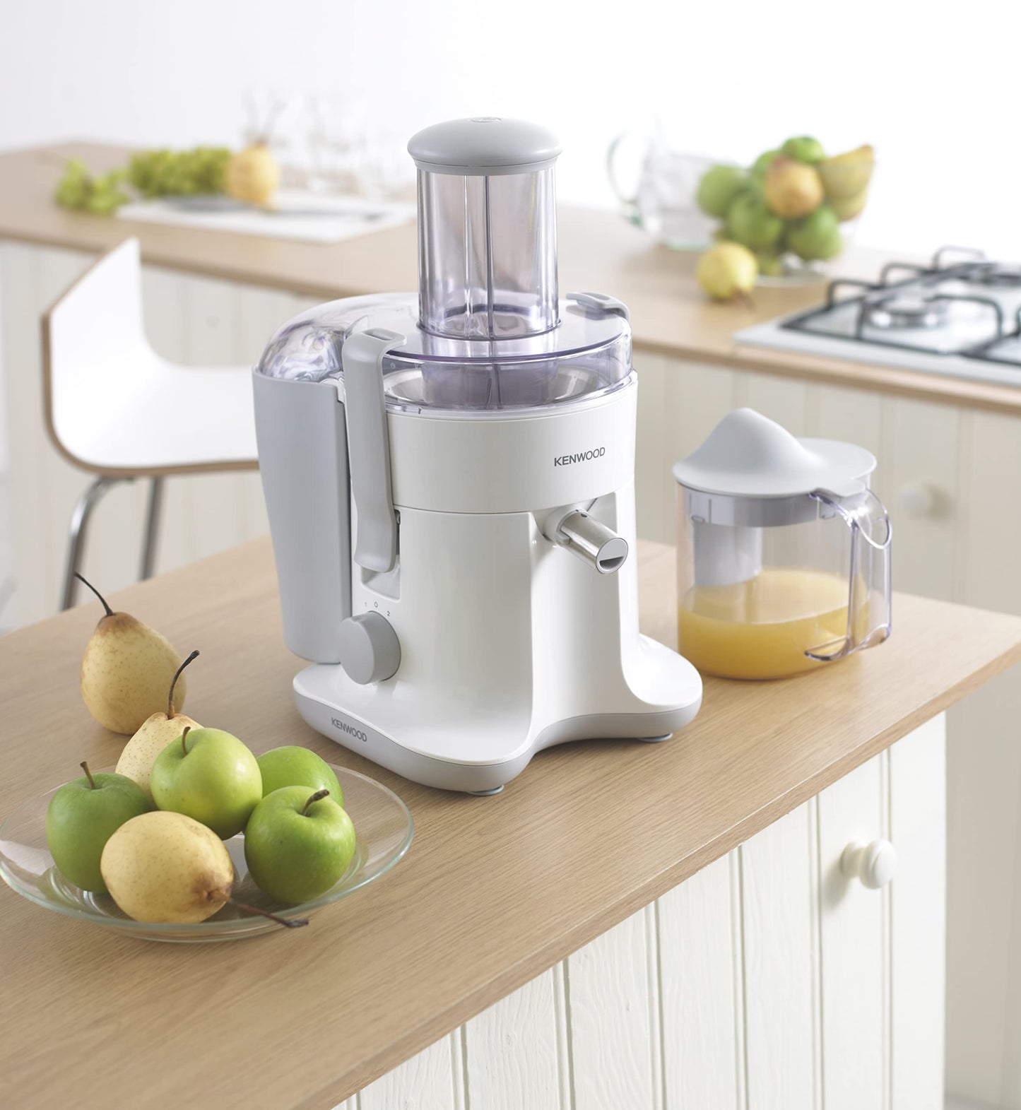 KENWOOD Juicer 800W Juice Extractor with 75mm Wide Feed Tube, 2 Speed, Transparent Juice Jug, Pulp Container, Anti Drip for Home, Office, Restaurant & Cafeteria JEP02.A0WH White
