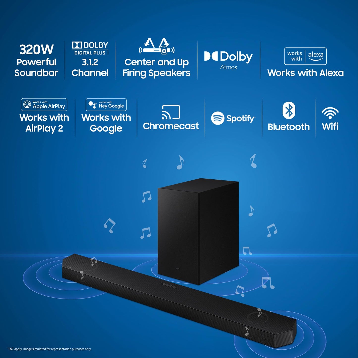 Samsung Q-Symphony soundbar (HW-Q700B) with 3 Channels, 1 subwoofer Channel, and 2 up-Firing Channels, Dolby True HD with Google & Alexa Smart Speaker (Black)