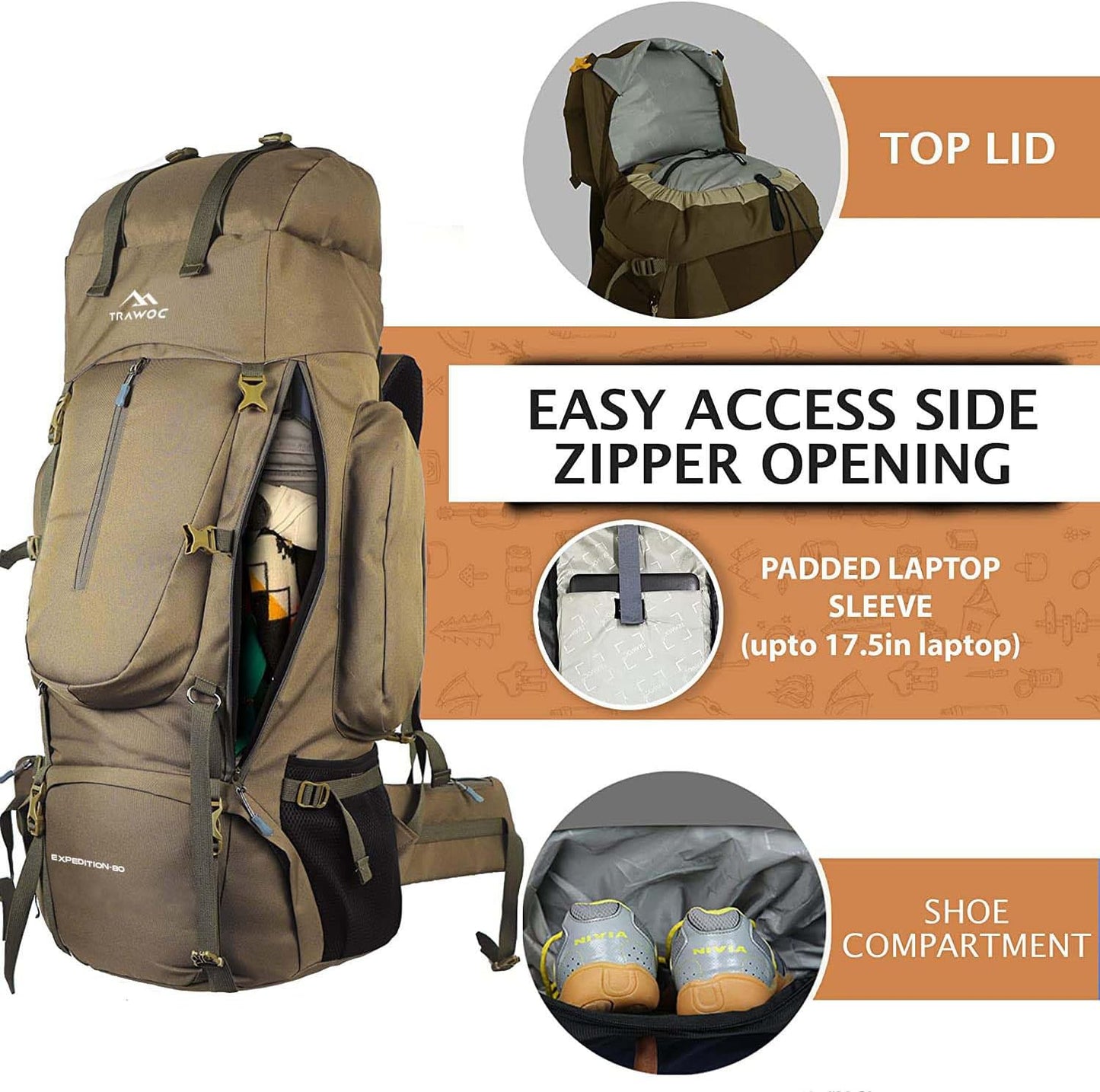 TRAWOC 80L Travel Backpack Camping Hiking Rucksack Trekking Bag with Water Proof Rain Cover/Shoe Compartment, BHK001