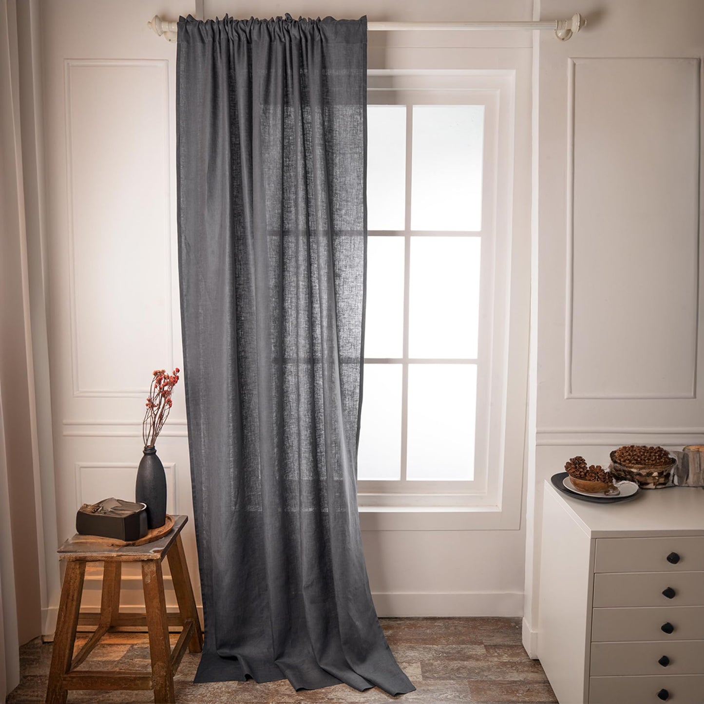 Lavish Touch Linen Curtain 108 Inches Long - Black Curtain 52 x 108 Inch 1 Panel - Light Filtering Rod Pocket Curtain - 100% Pure Linen European Flax Window Curtain Panel for Bedroom, Living Room