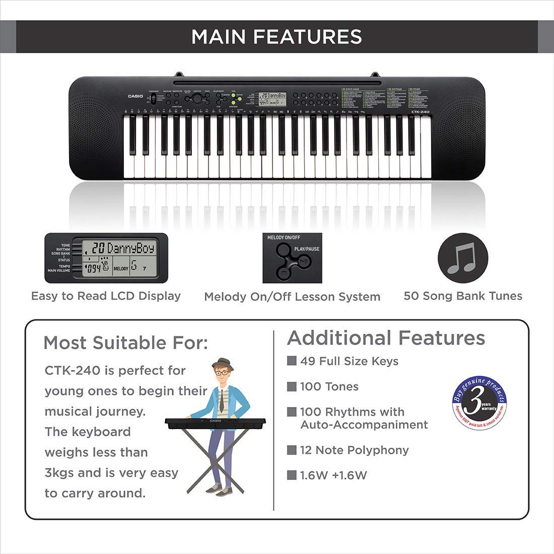 Casio Keys Keyboard - No Ac Power Adapter, BLACK, 49-Key Full-Size, CTK-240H5