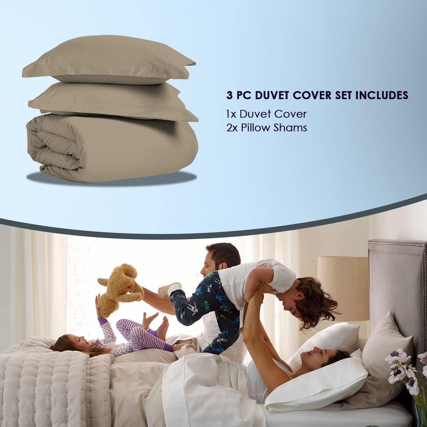 Pizuna Pure 100% Cotton King Duvet Cover Set, 1000 Thread Count Long Staple Cotton Thick Sateen Weave with Button Closure (Combed Baby Blue Cotton Duvet Cover King)