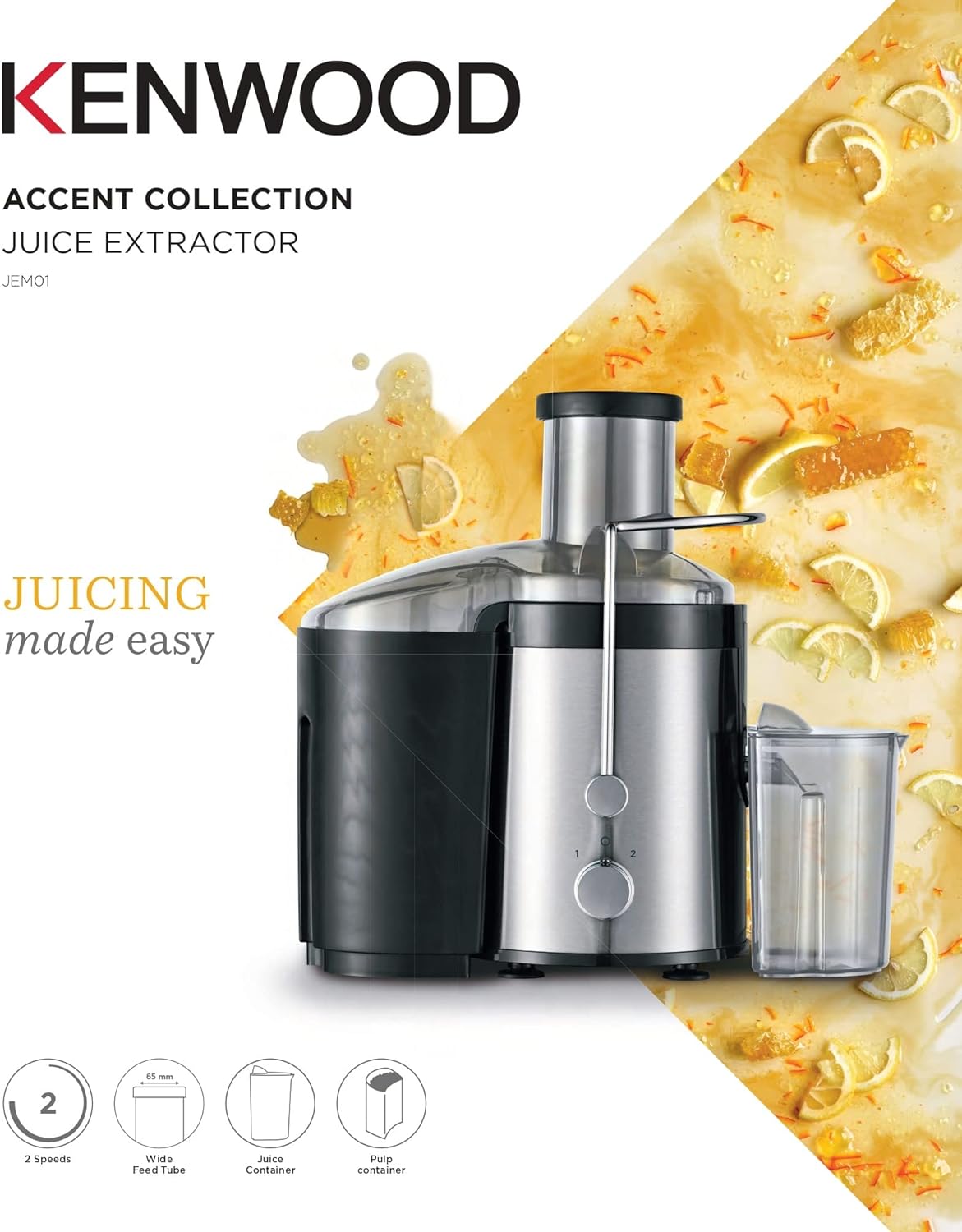 KENWOOD Juicer 800W Juice Extractor with 75mm Wide Feed Tube, 2 Speed, Transparent Juice Jug, Pulp Container, Anti Drip for Home, Office, Restaurant & Cafeteria JEP02.A0WH White