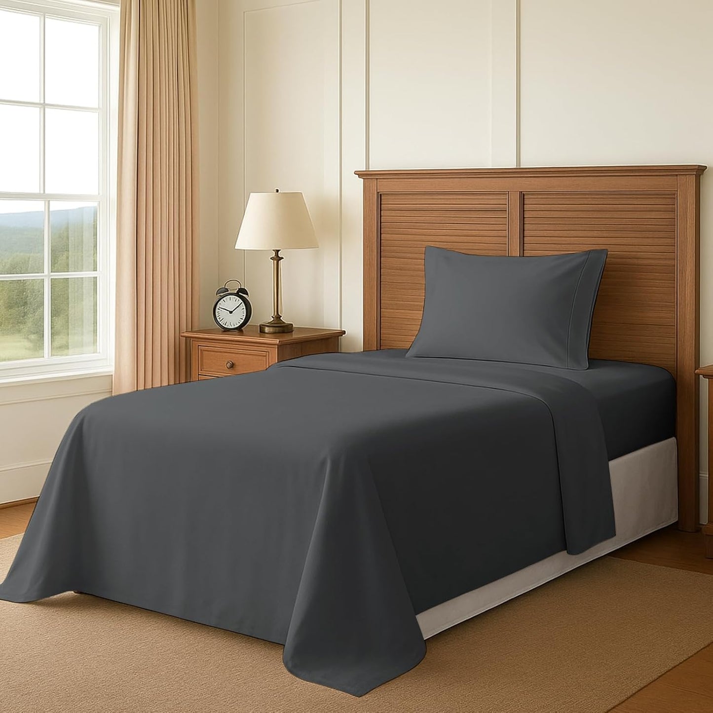Pizuna Pure 100% Cotton Sheets Split King Size, 600 Thread Count Long Staple Cotton Crisp Sateen Sheets Split King with 15" Deep Pocket (Combed Black Cotton Sheets Split King)