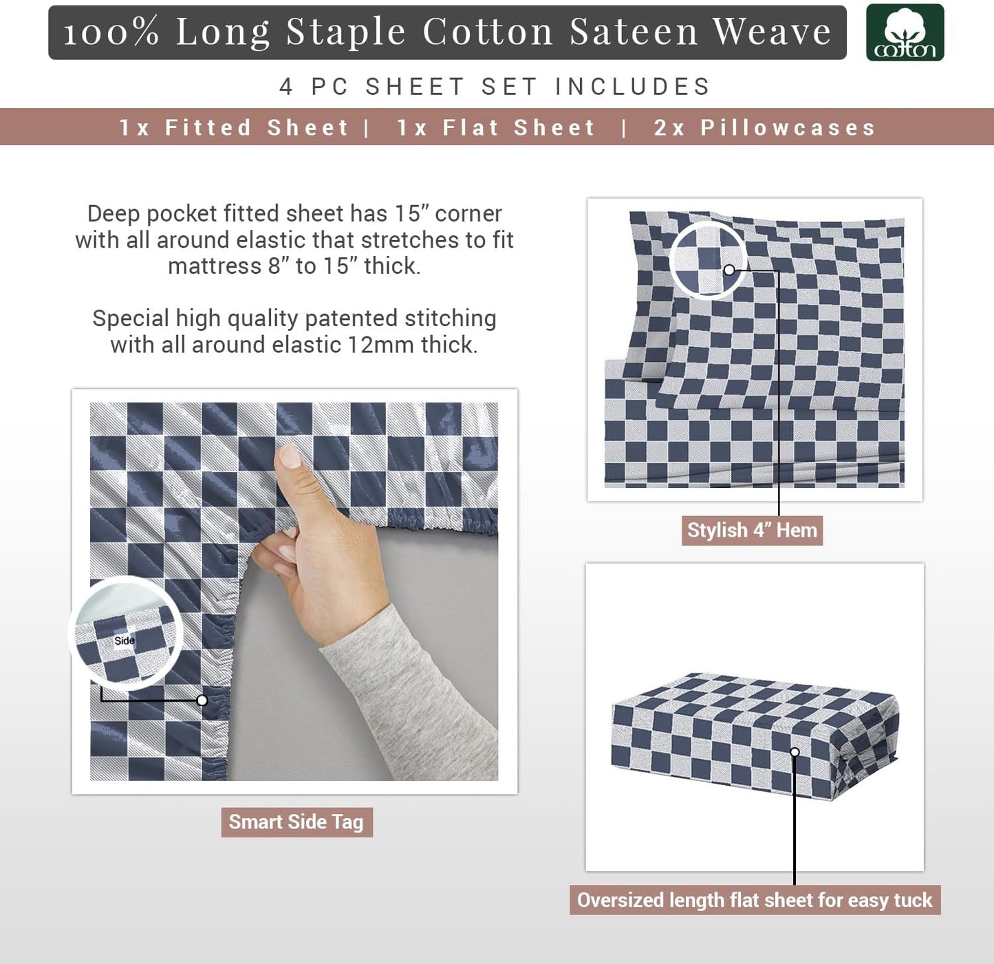Pizuna Cotton Navy Smart Plaid Print Sheets for Short Queen Size Bed, 400 Thread Count 100% Long Staple Cotton Sateen Sheets, 15 Inch Deep Pocket Short Queen Sheets Set (Printed Cotton Bed Sheets)