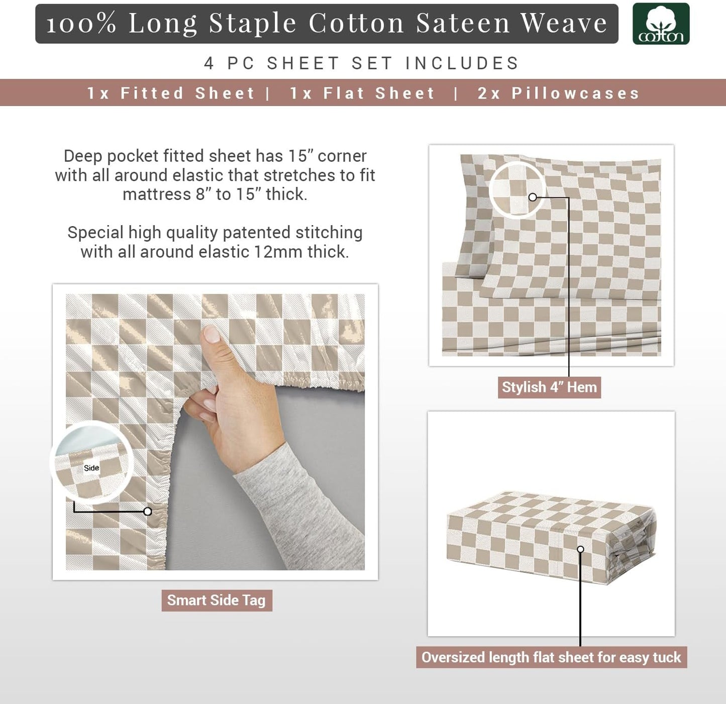 Pizuna Cotton Taupe Smart Plaid Print Short King Sheets Set, 400 Thread Count 100% Long Staple Cotton Sateen King Sheets 15 Inch Deep Pocket Cotton Sheets Short King Size Bed (Cotton Printed Sheets)