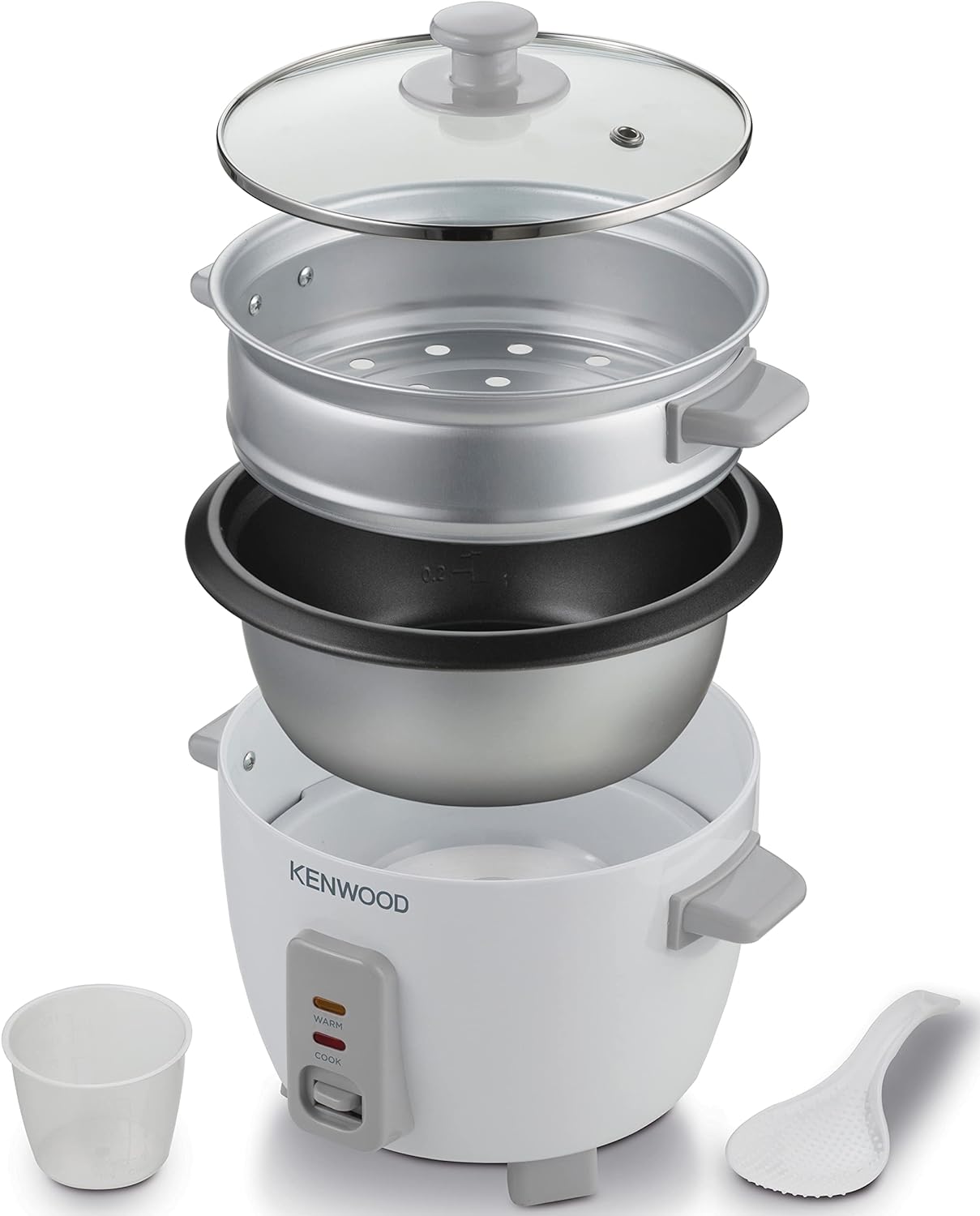 KENWOOD 2-in-1 Rice Cooker 0.6L 3-Cups Rice with Food Steamer Basket, Non-Stick Cooking Pot, Temepered Glass Lid, Warm/Cook Lights, Spatula Holder, Detachable Cord RCM30.000RD Red