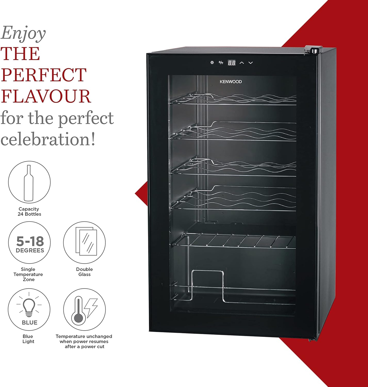 Kenwood Beverage Cooler 24 Bottles Wine Cooler Refrigerator With Double Glass Door, Blue Light, Smart Temperature Control Bcm24.000Bk Black