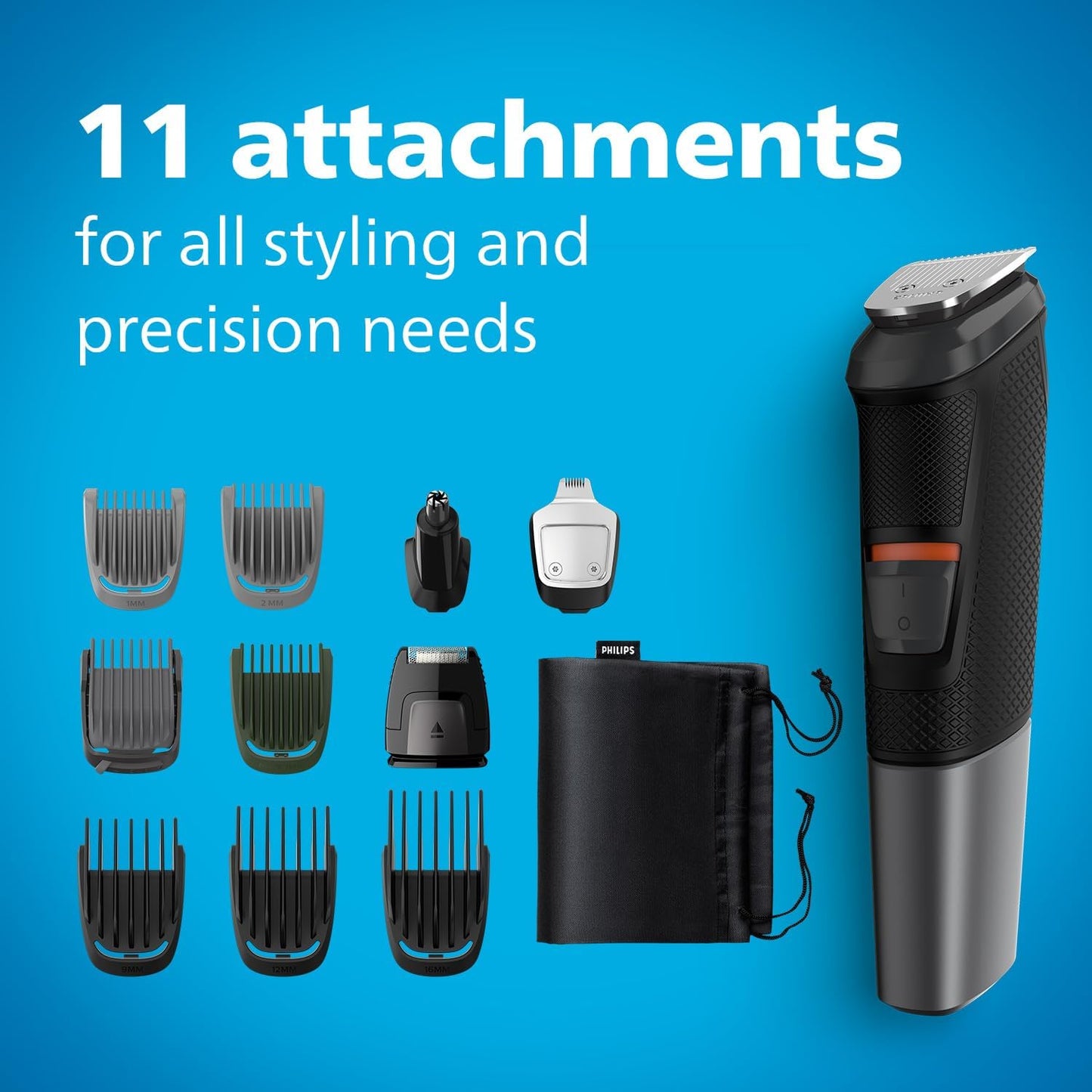 Philips Multigroom Series 3000 for Face, 6-in-1 Grooming Kit for beard, moustache, nose & ear hair, cordless, 60 min runtime, 16h full charging time, MG3710/33,Black