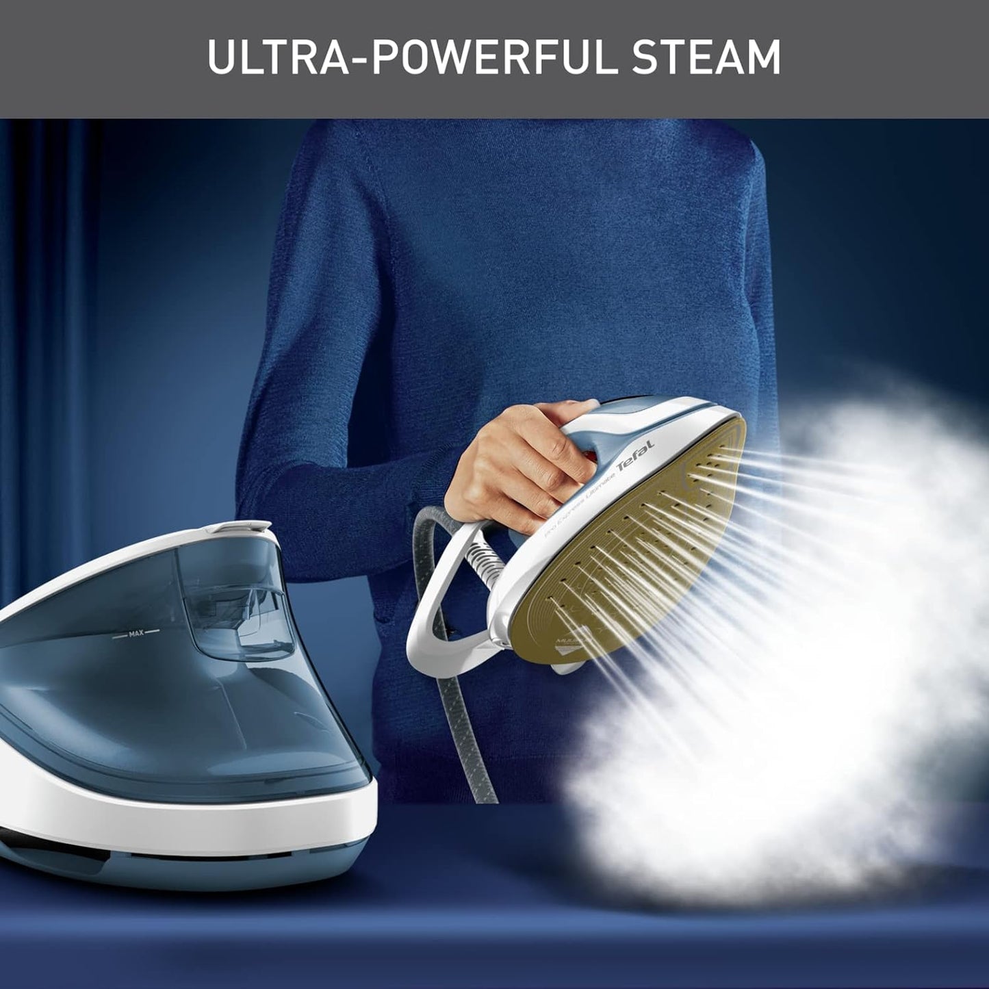 TEFAL Steam Station | Pro Express Ultimate II | Steam Generator Iron Steamer | 1.2 L | 2700 Watts | Durilium Airglide Soleplate | Anti scale | Auto off | Blue & White | 2 Years Warranty | GV9710M0