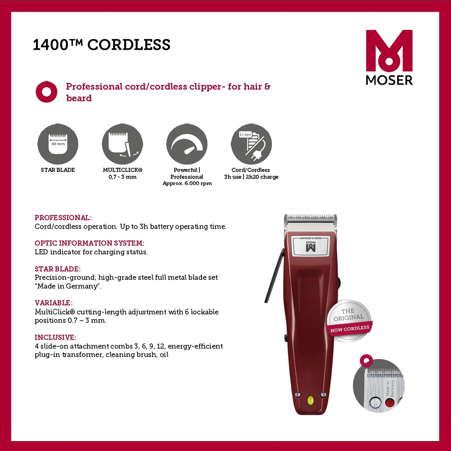 Moser Professional Corded Hair Clipper, Professional Hair Clipper for Men, Stainless Steel Blade, Multiclick Cutting Length Adjustment, Powerful Motor (1400-0150)